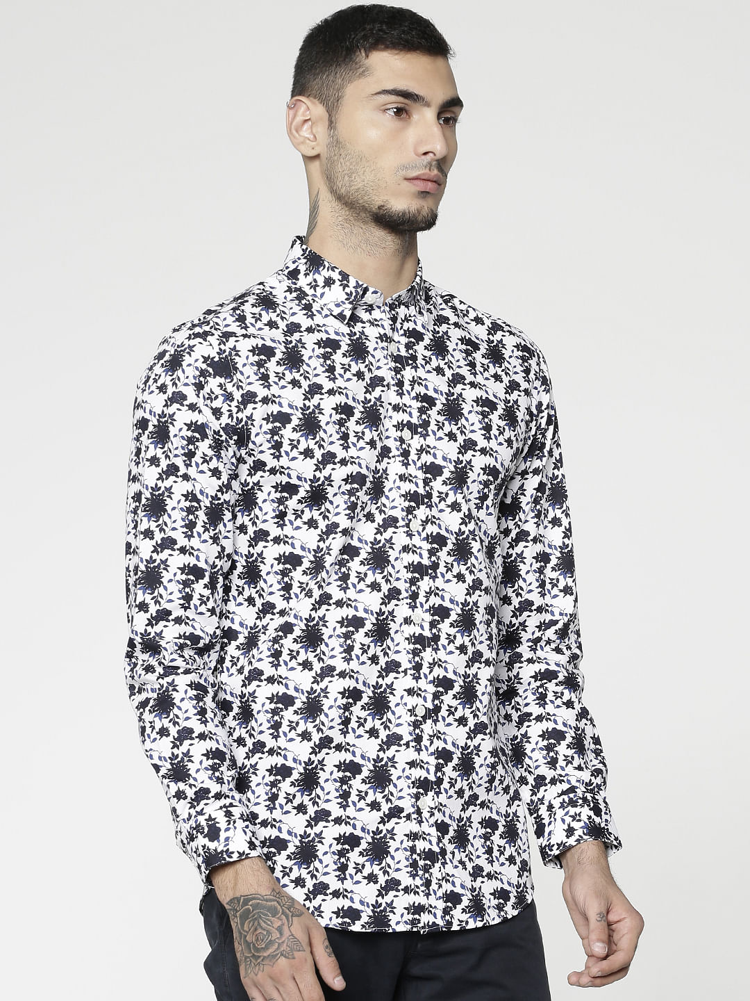 Blue All Over Floral Print Slim Fit Full Sleeves Shirt