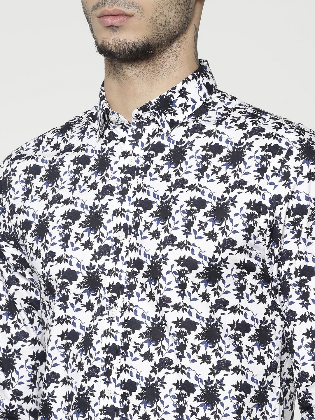 Blue All Over Floral Print Slim Fit Full Sleeves Shirt
