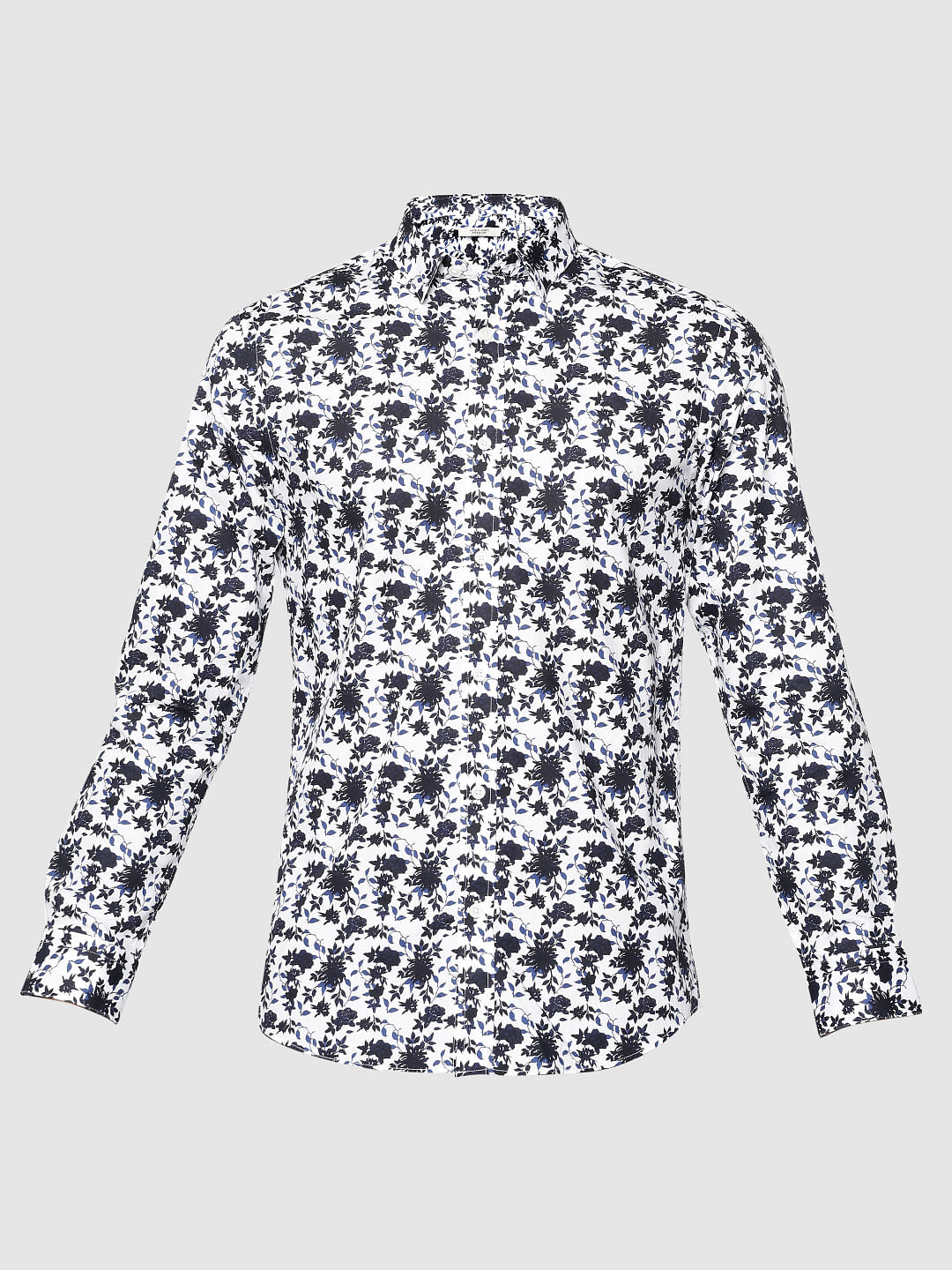 Blue All Over Floral Print Slim Fit Full Sleeves Shirt