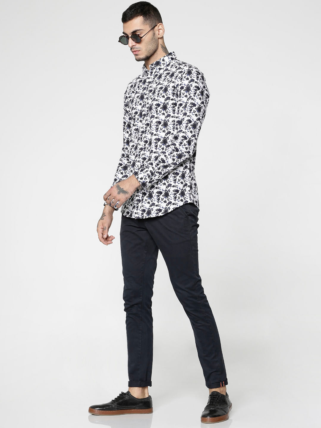 Blue All Over Floral Print Slim Fit Full Sleeves Shirt