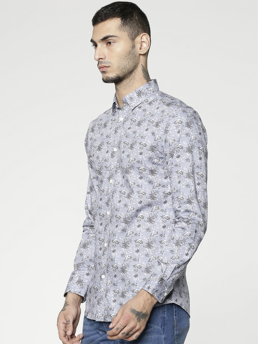 Grey All Over Floral Print Slim Fit Full Sleeves Shirt