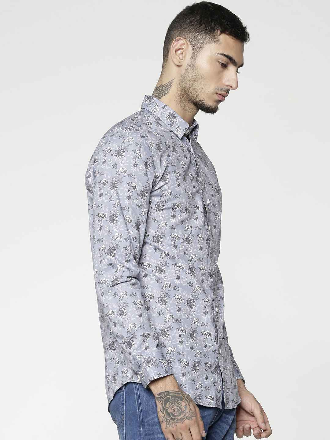 Grey All Over Floral Print Slim Fit Full Sleeves Shirt