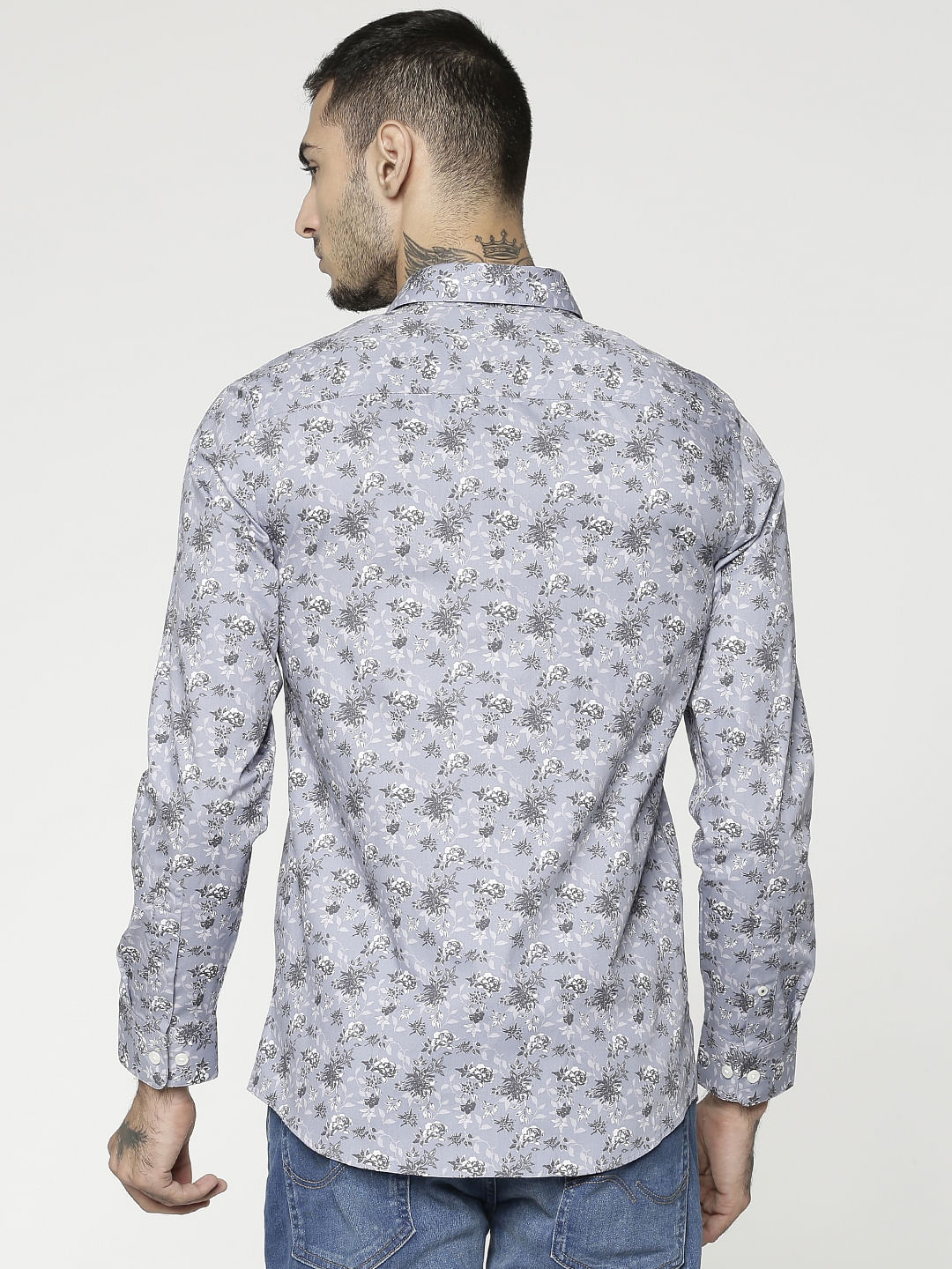 Grey All Over Floral Print Slim Fit Full Sleeves Shirt