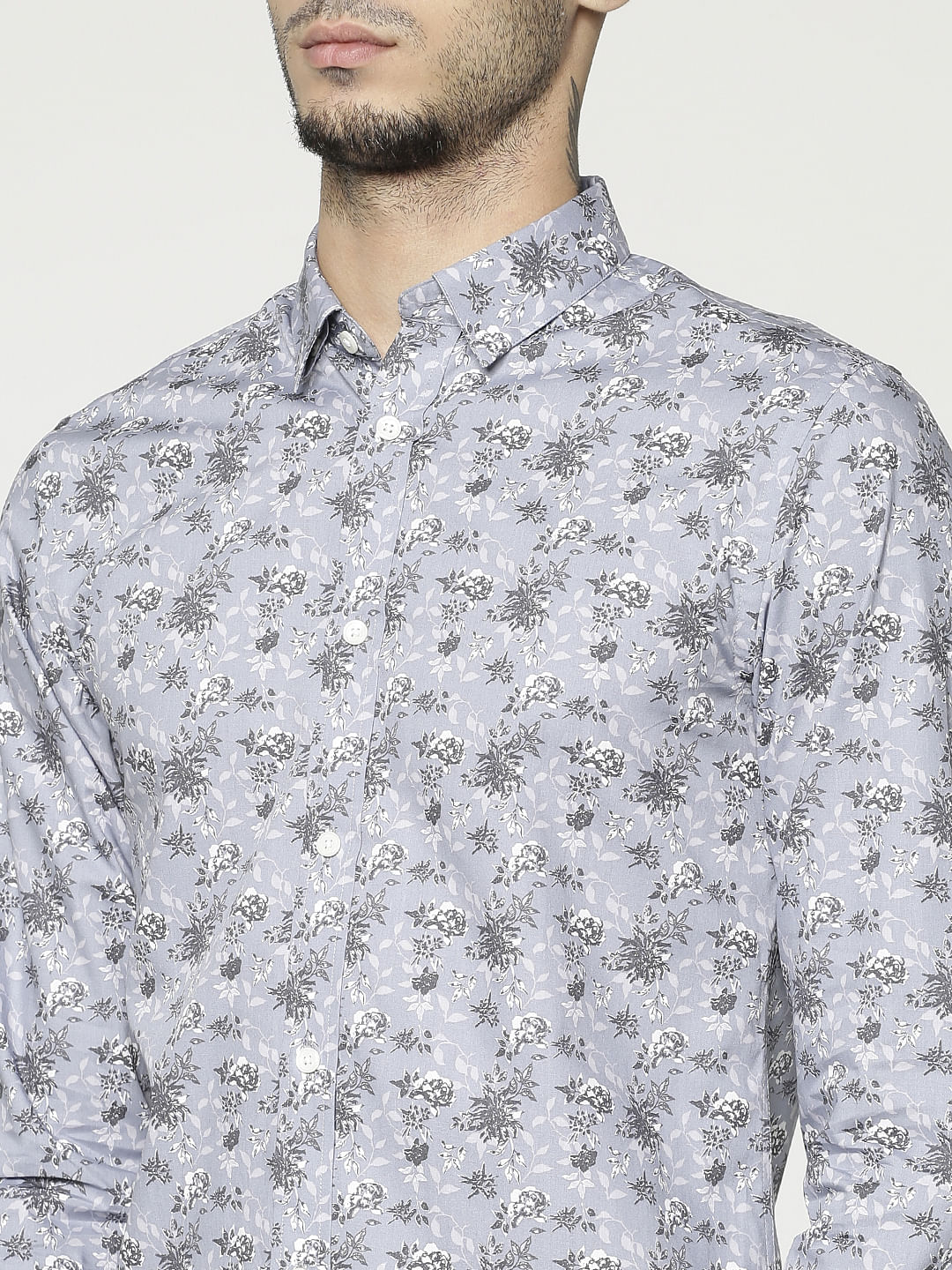 Grey All Over Floral Print Slim Fit Full Sleeves Shirt