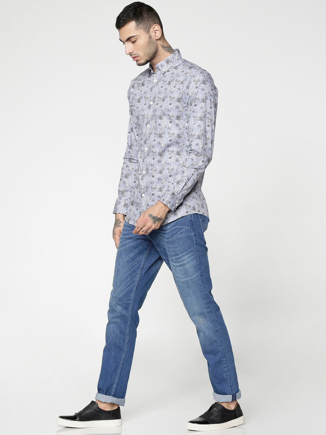 Grey All Over Floral Print Slim Fit Full Sleeves Shirt
