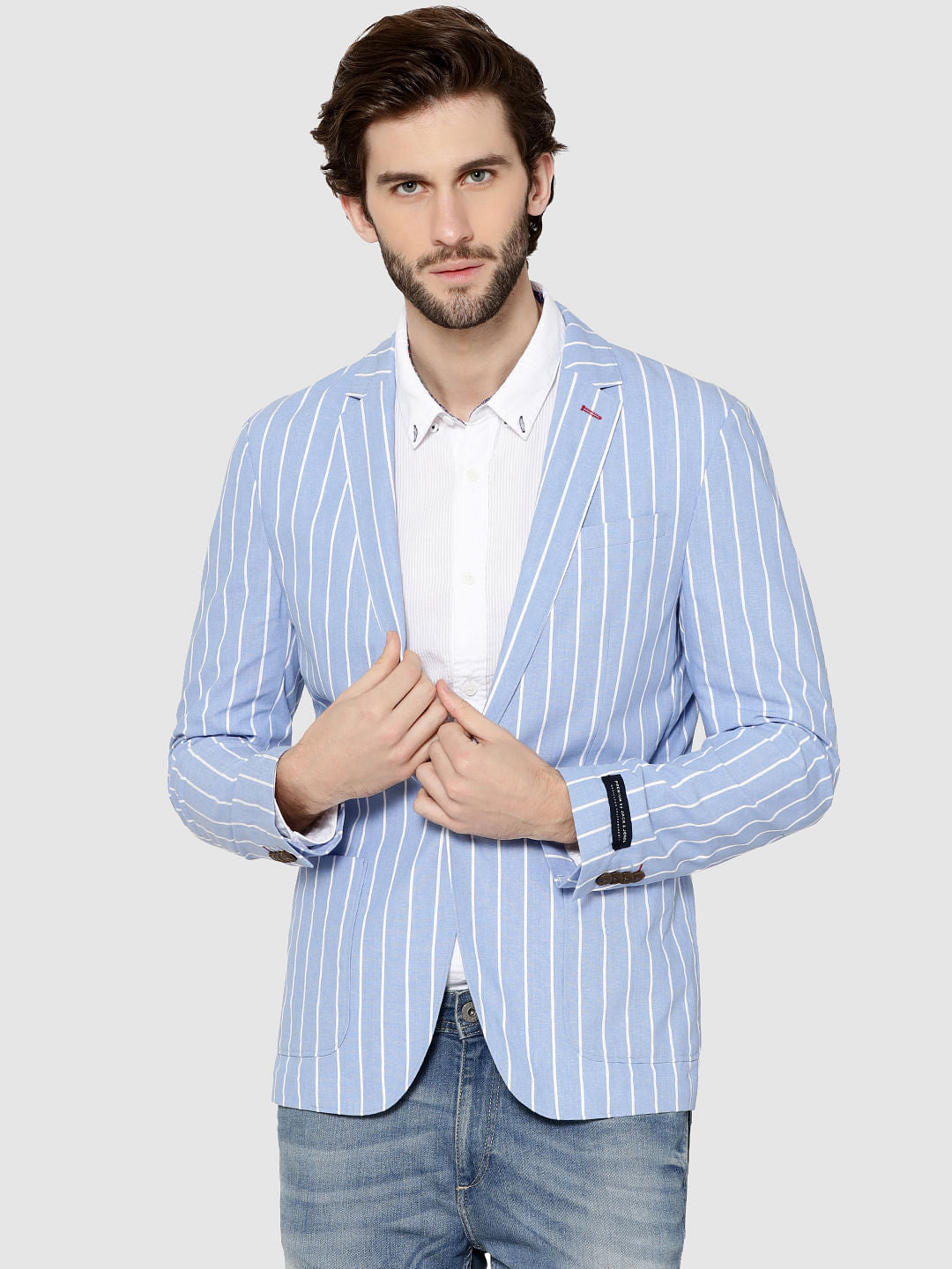 Blue Striped Slim Fit Blazer - 46