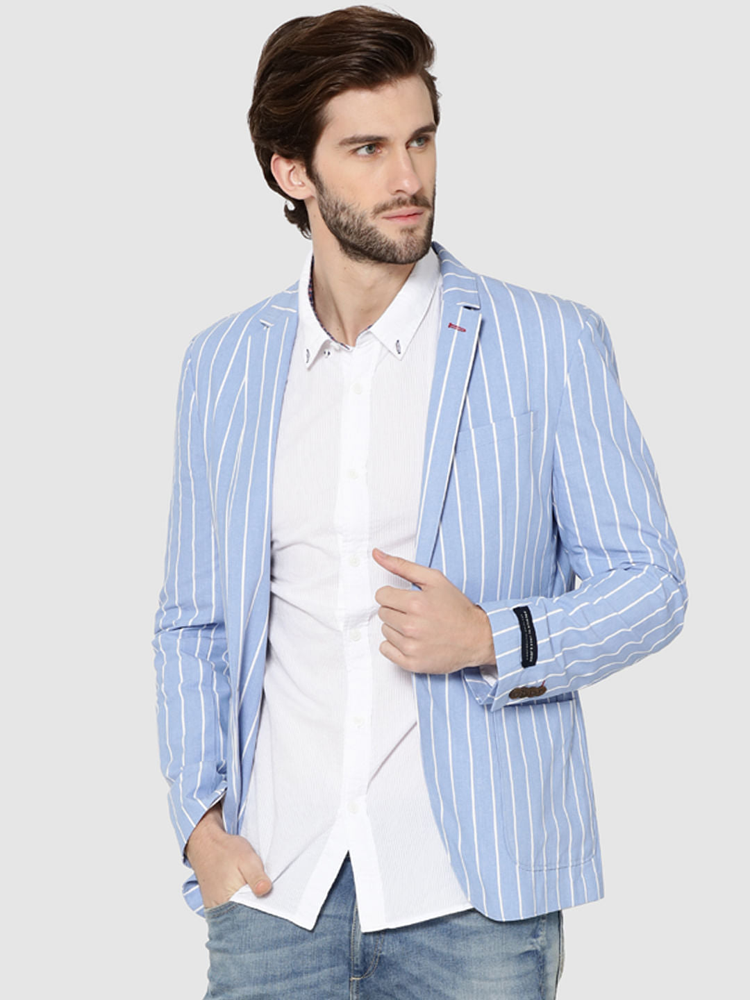 Blue Striped Slim Fit Blazer