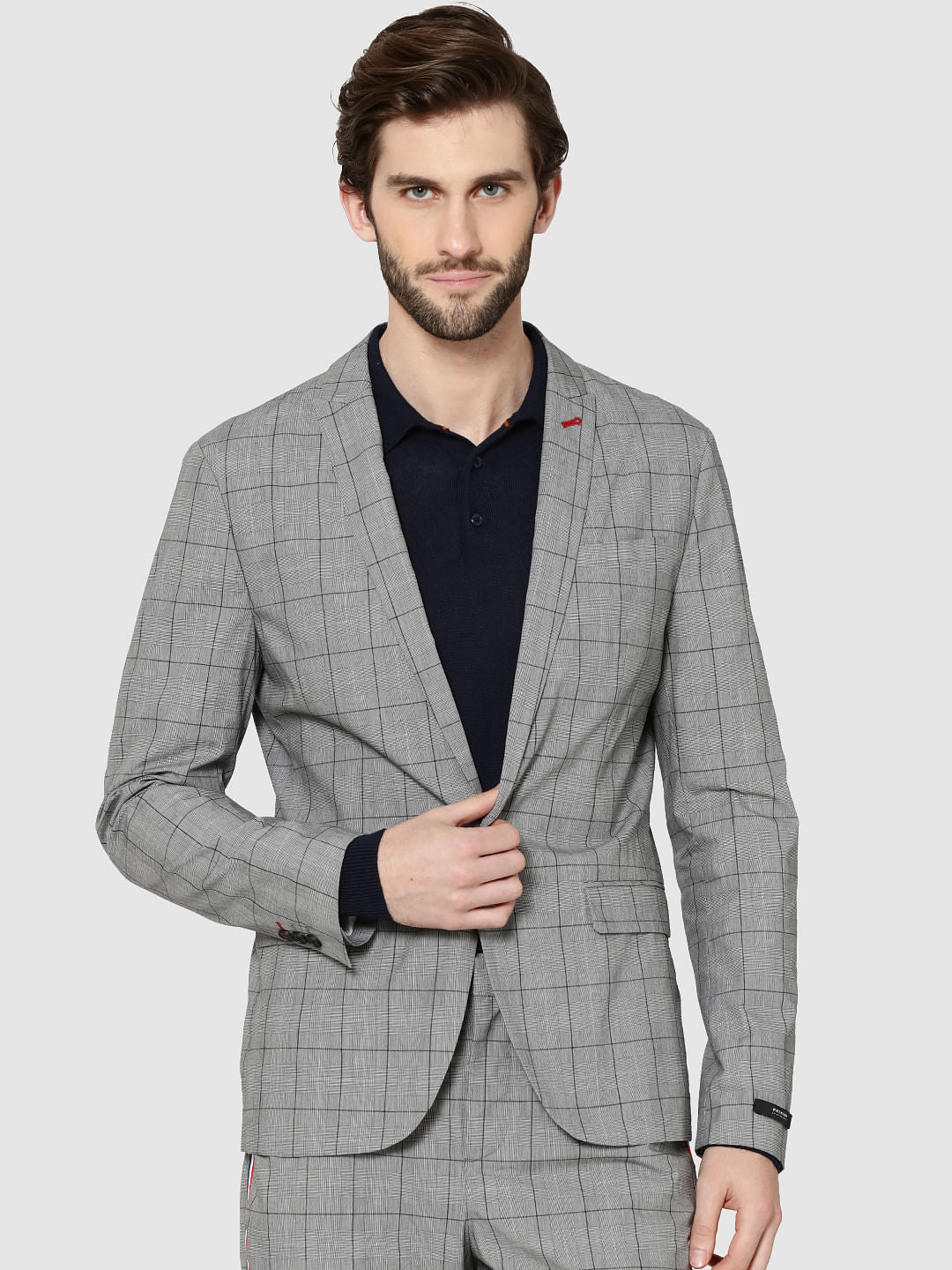 Grey Single Button Slim Fit Check Blazer - 46
