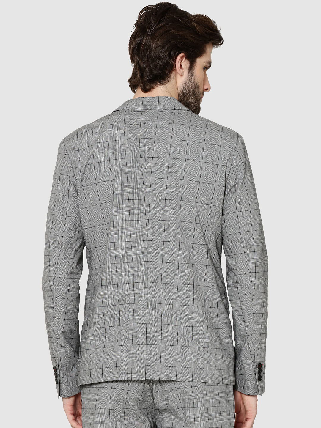 Grey Single Button Slim Fit Check Blazer