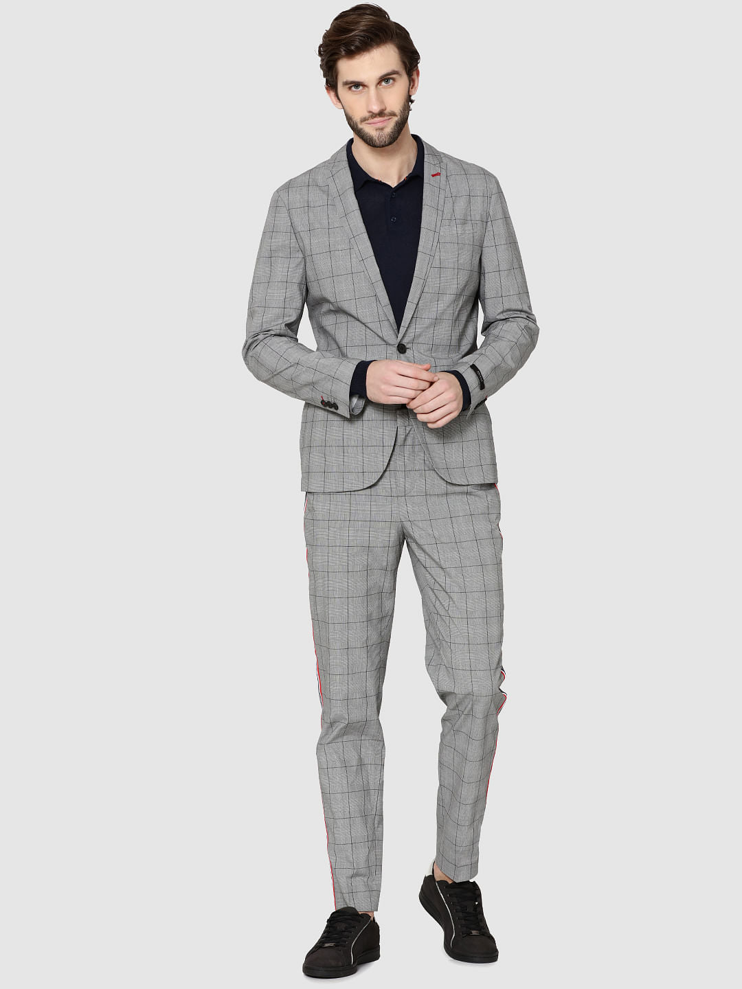 Grey Single Button Slim Fit Check Blazer