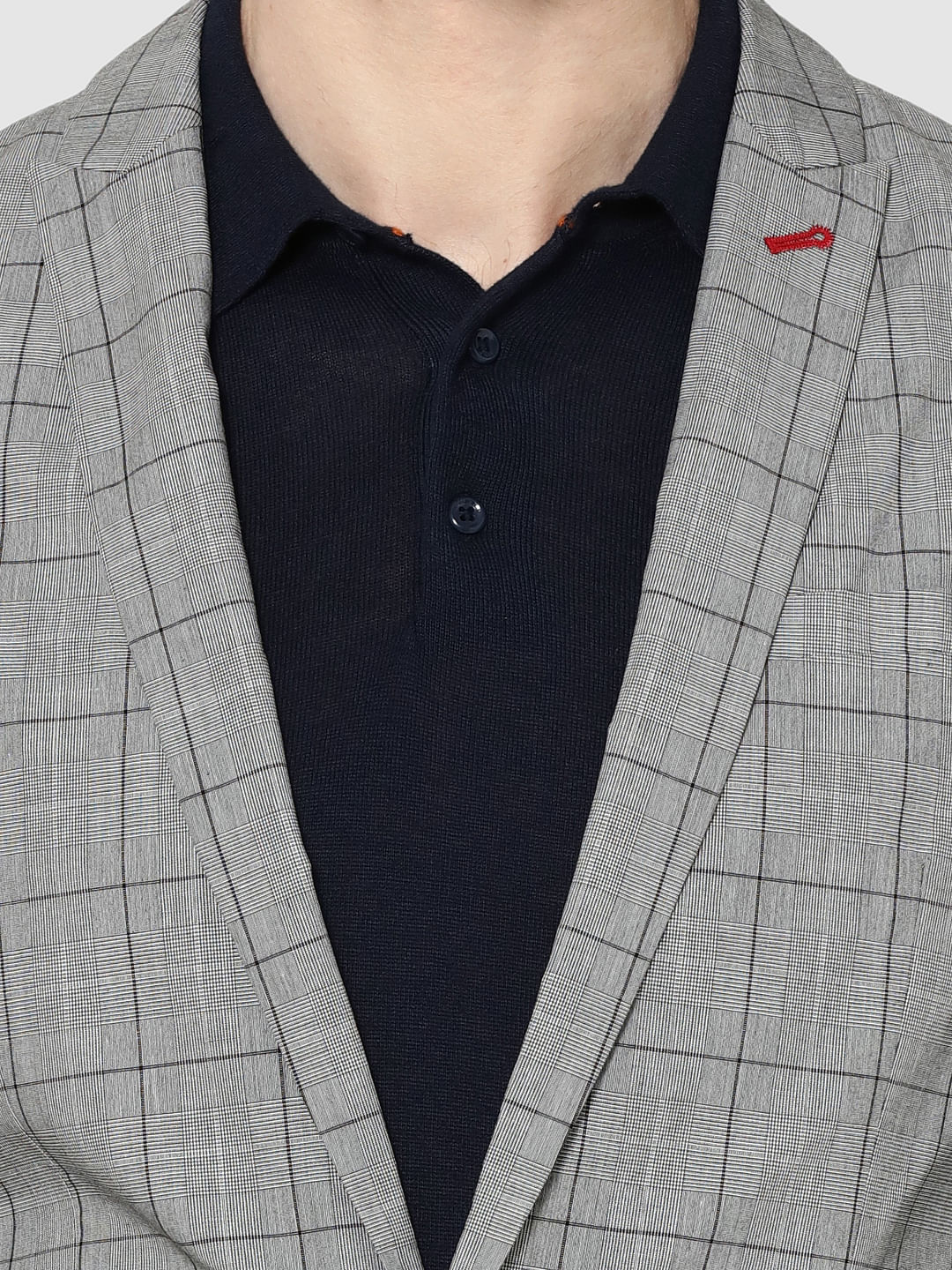 Grey Single Button Slim Fit Check Blazer