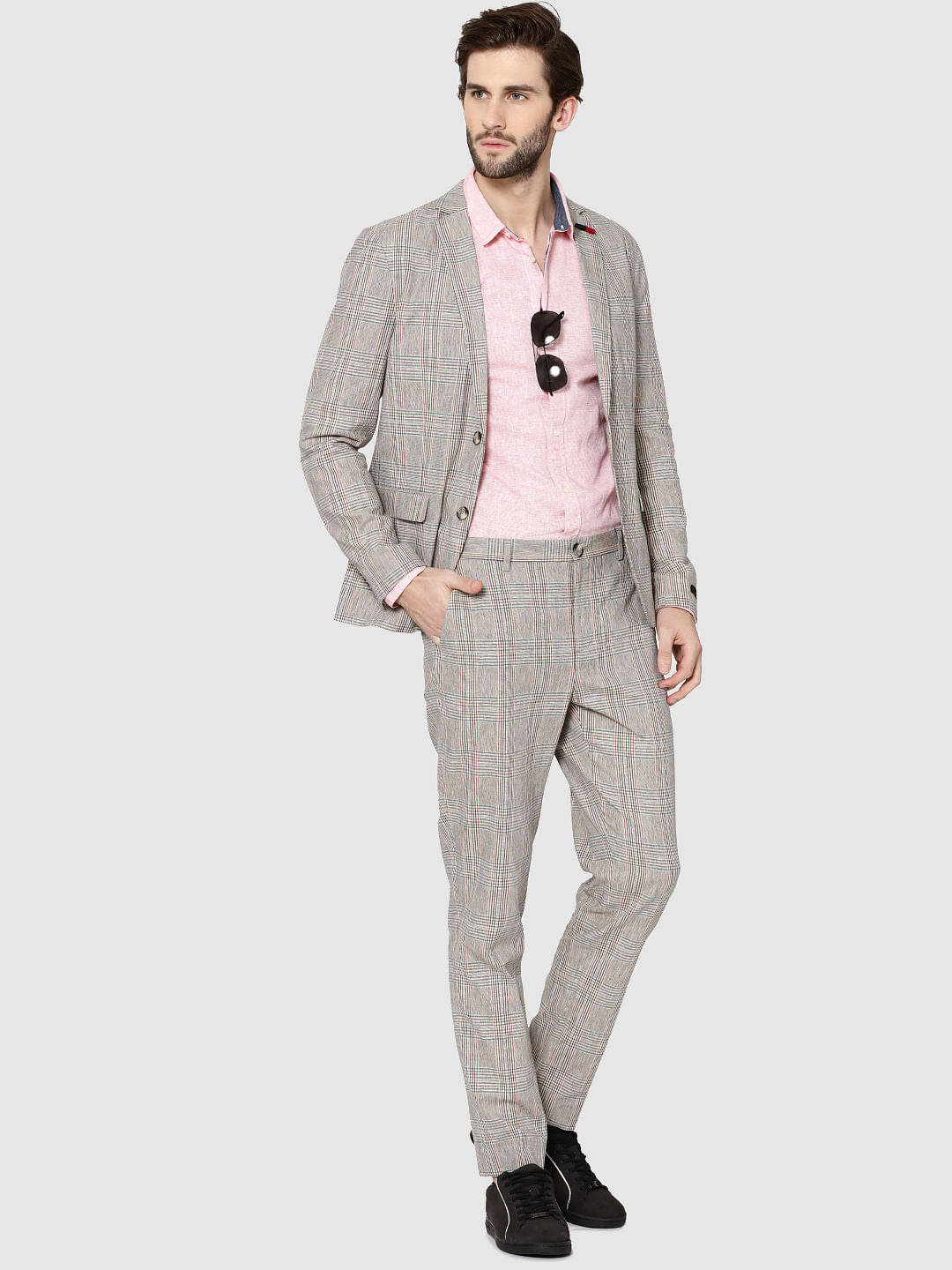 Beige Plaid Double Button Slim Fit Blazer