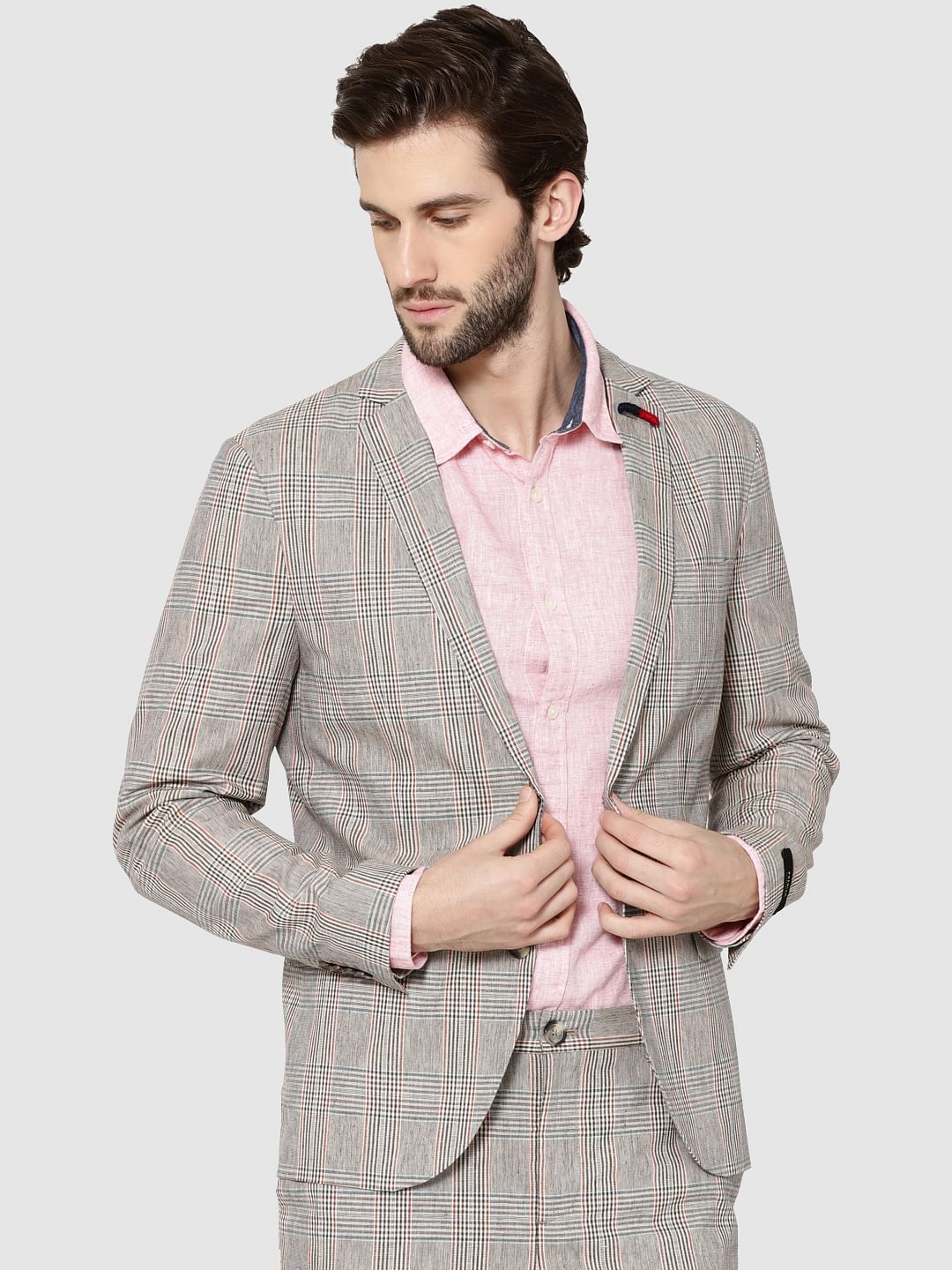 Beige Plaid Double Button Slim Fit Blazer - 46