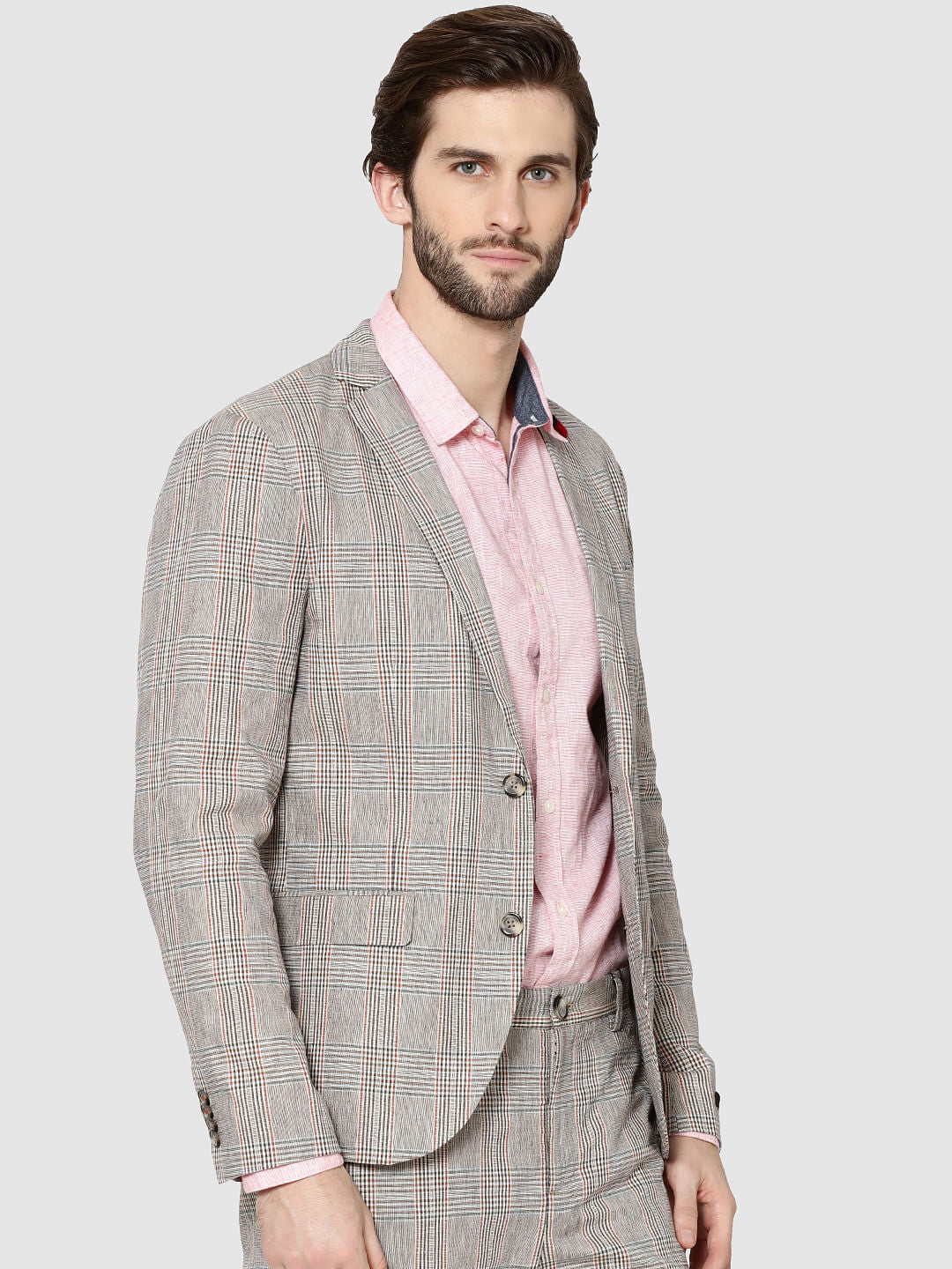 Beige Plaid Double Button Slim Fit Blazer