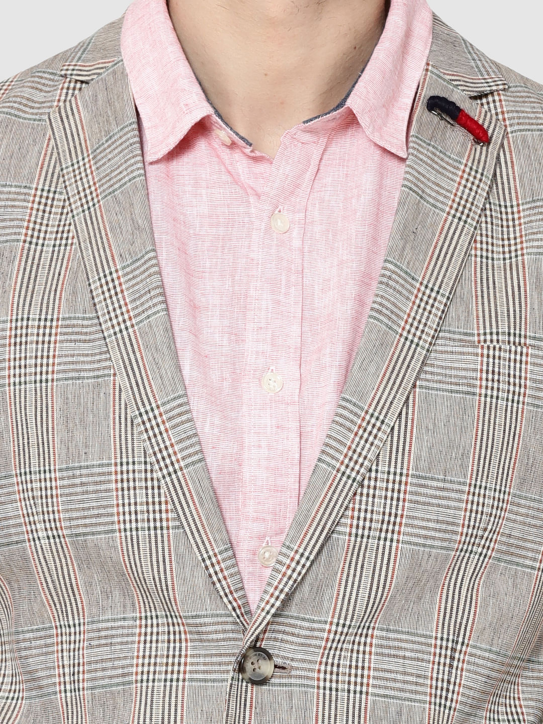 Beige Plaid Double Button Slim Fit Blazer