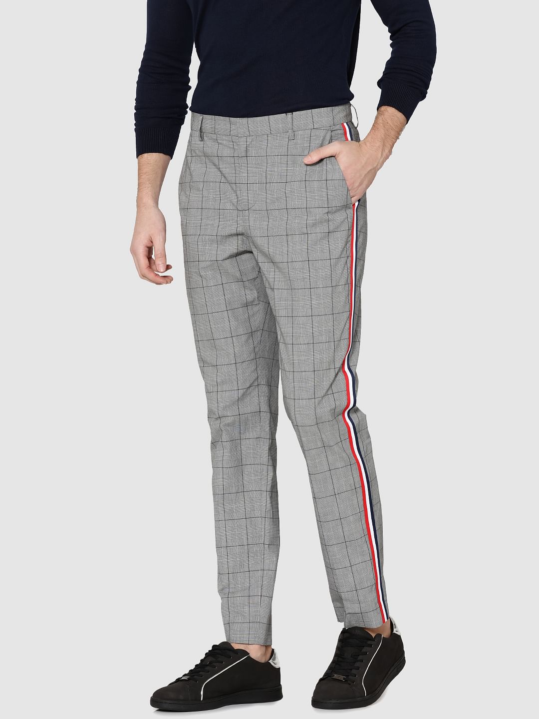 Grey Check Tape Detail Slim Fit Trousers - 46