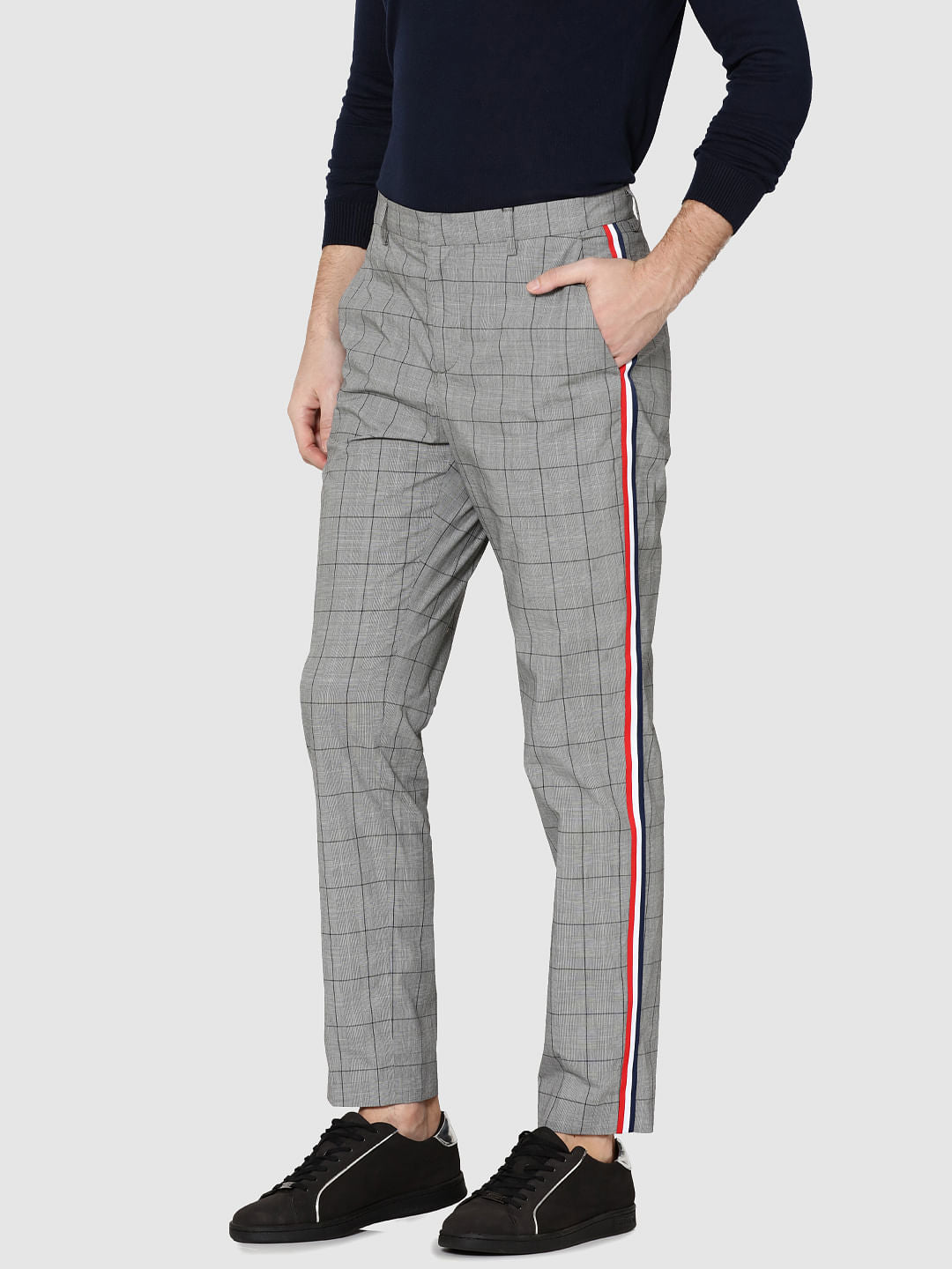 Grey Check Tape Detail Slim Fit Trousers