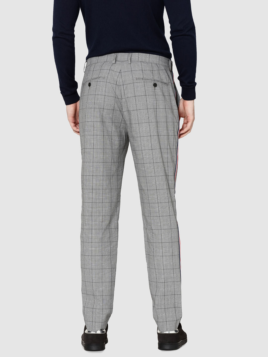 Grey Check Tape Detail Slim Fit Trousers