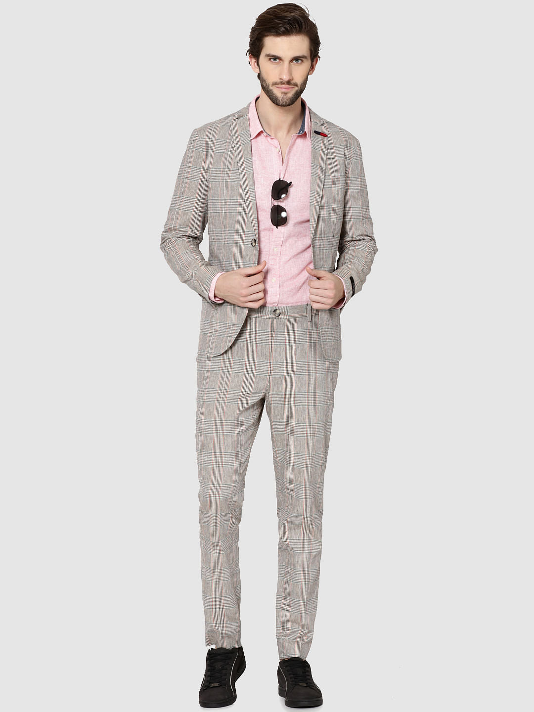 Beige Plaid Slim Fit Trousers