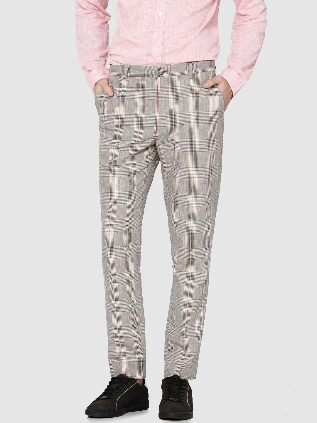 Beige Plaid Slim Fit Trousers - 46