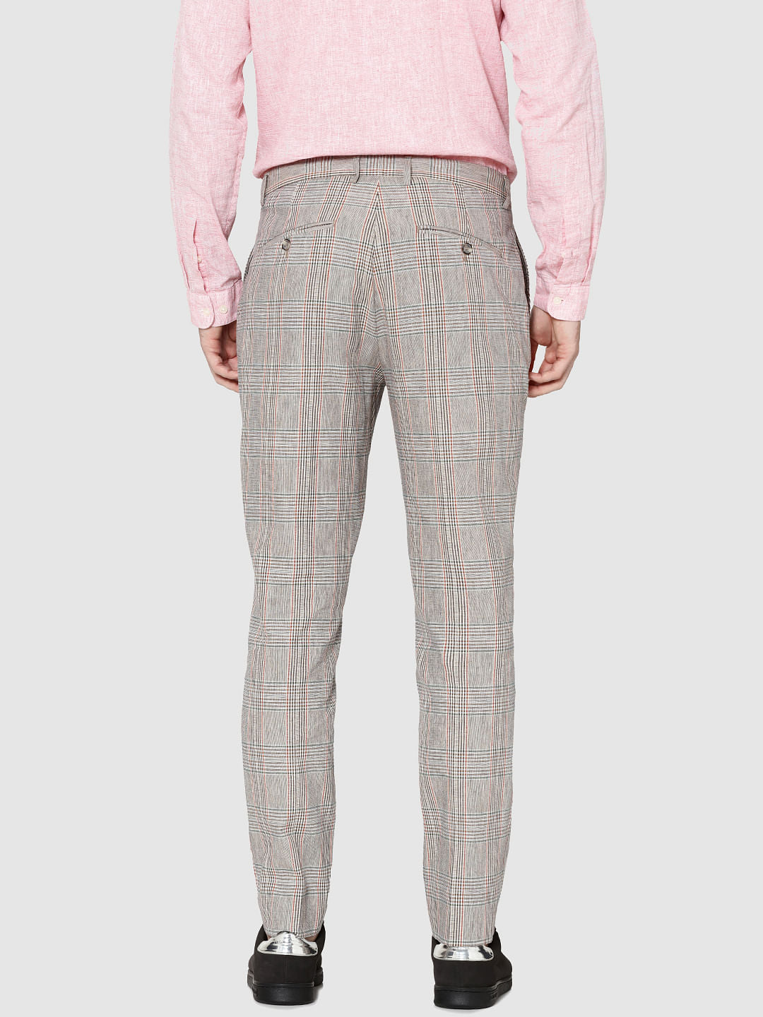 Beige Plaid Slim Fit Trousers