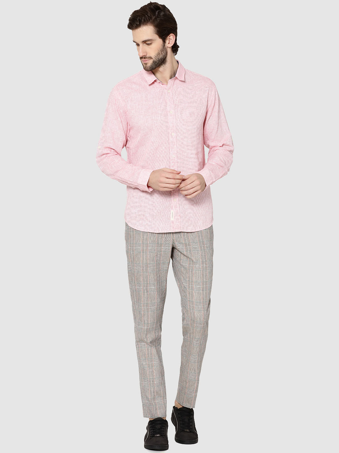 Beige Plaid Slim Fit Trousers