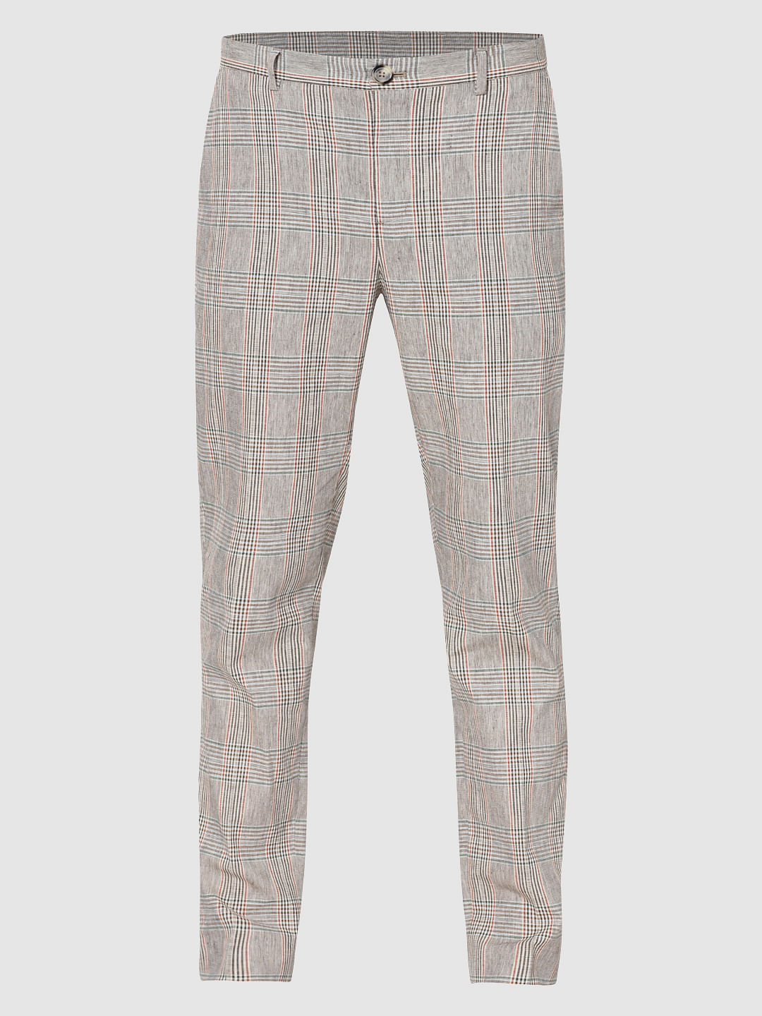 Beige Plaid Slim Fit Trousers