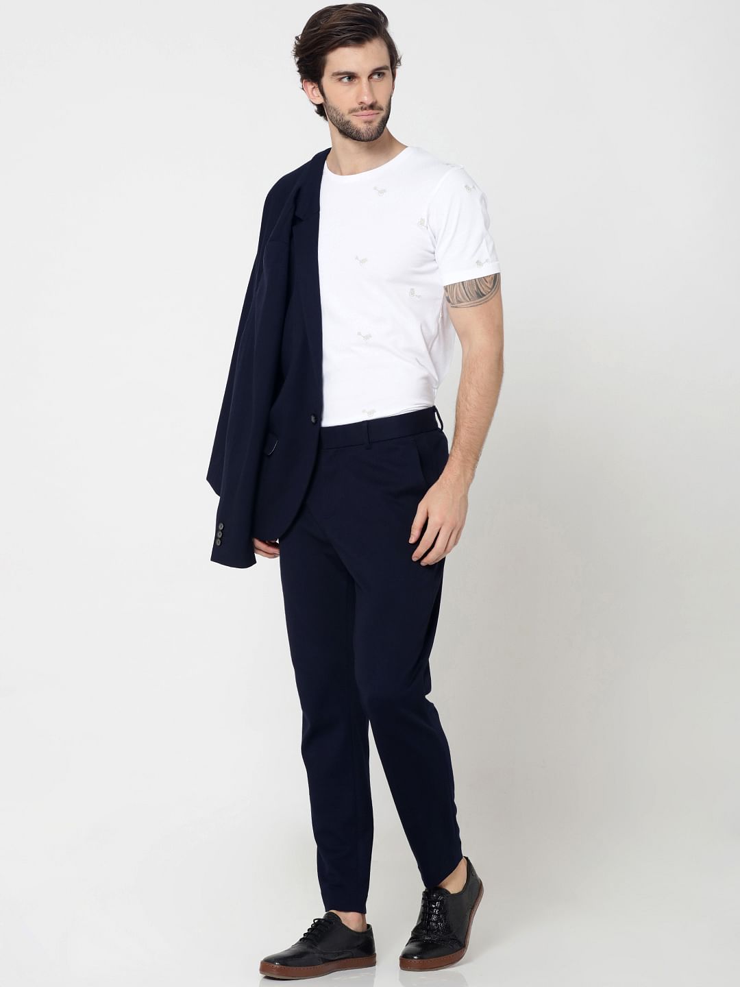 Dark Blue Slim Fit Cropped Trousers