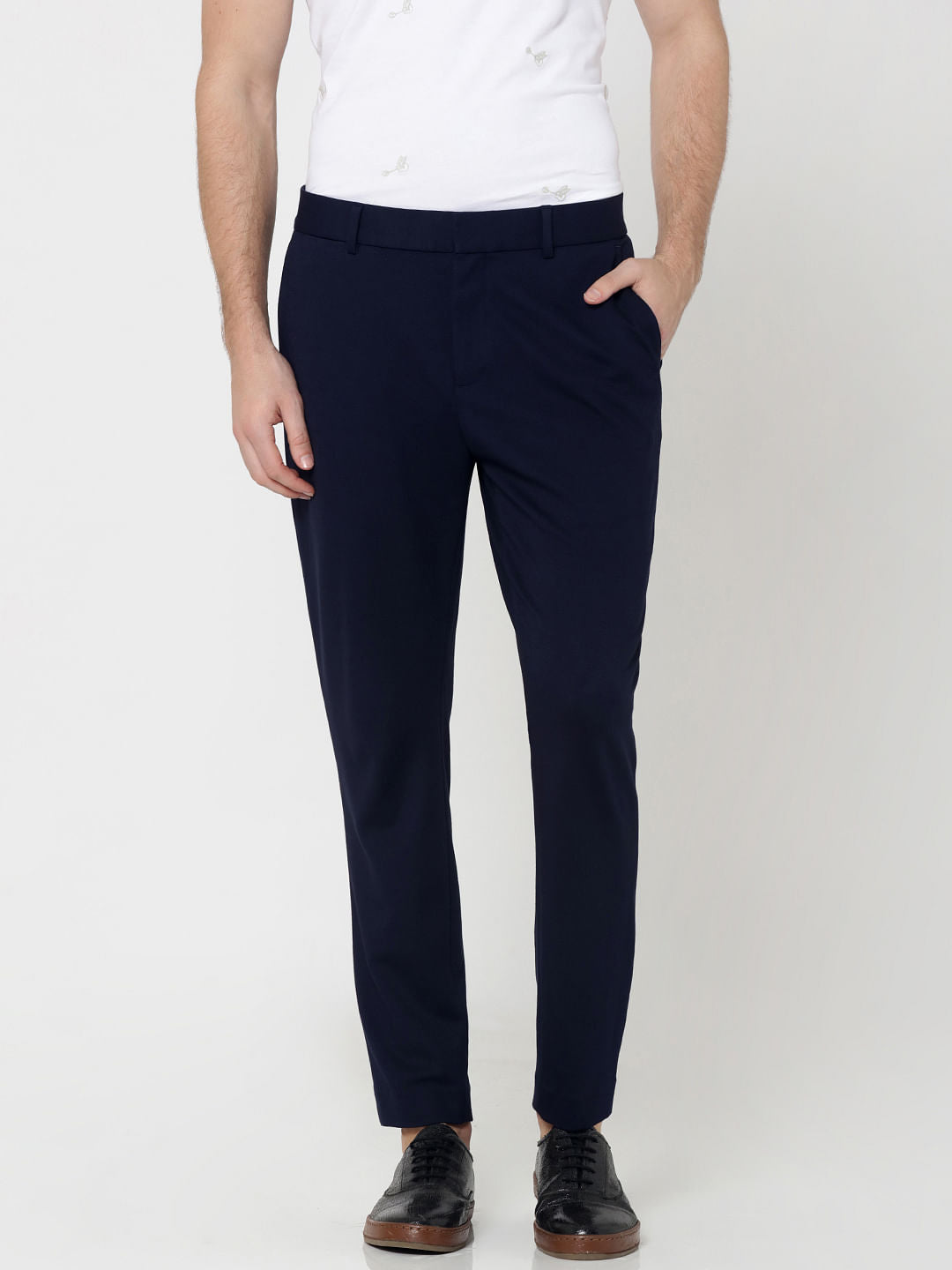 Dark Blue Slim Fit Cropped Trousers