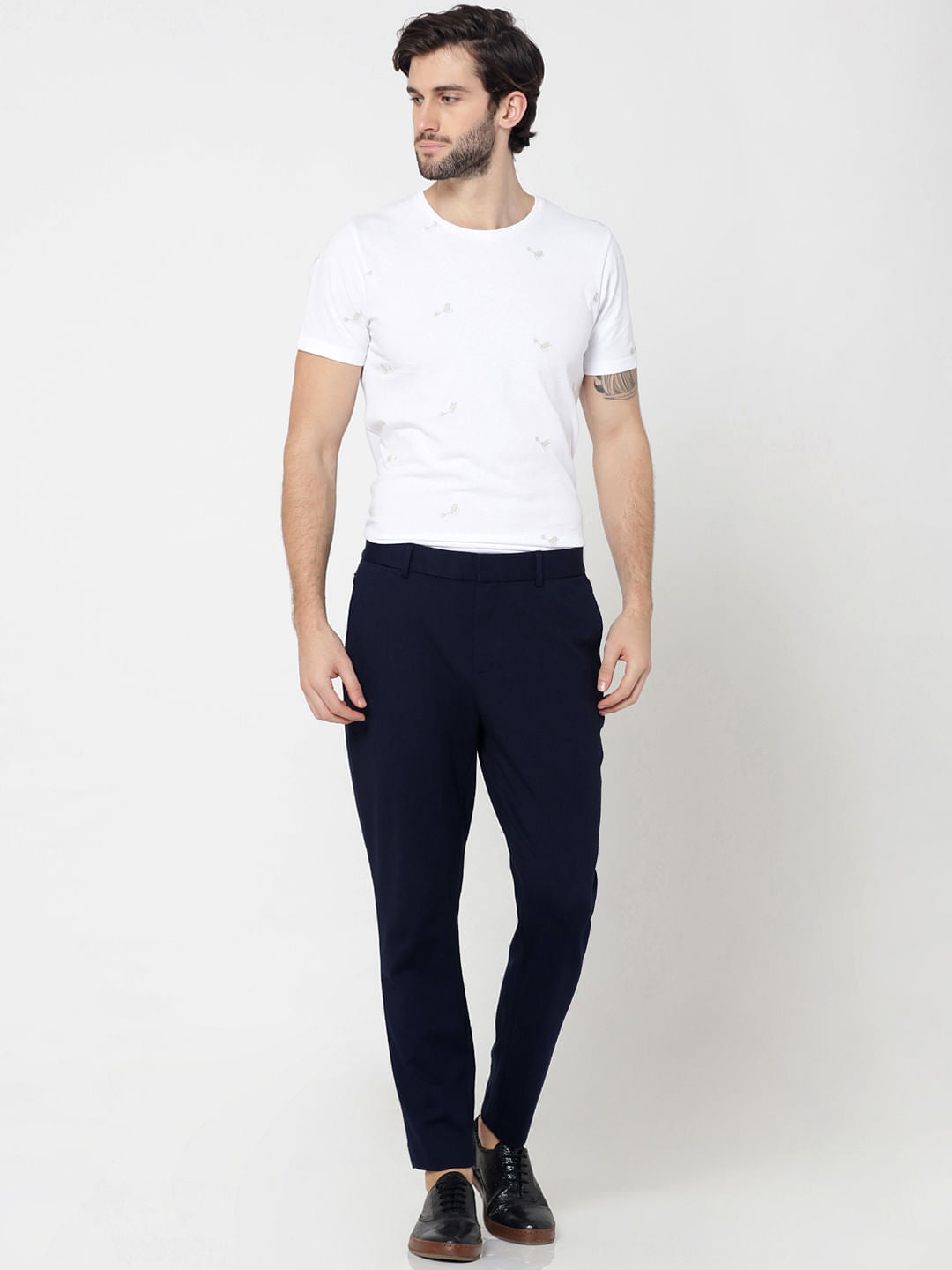 Dark Blue Slim Fit Cropped Trousers