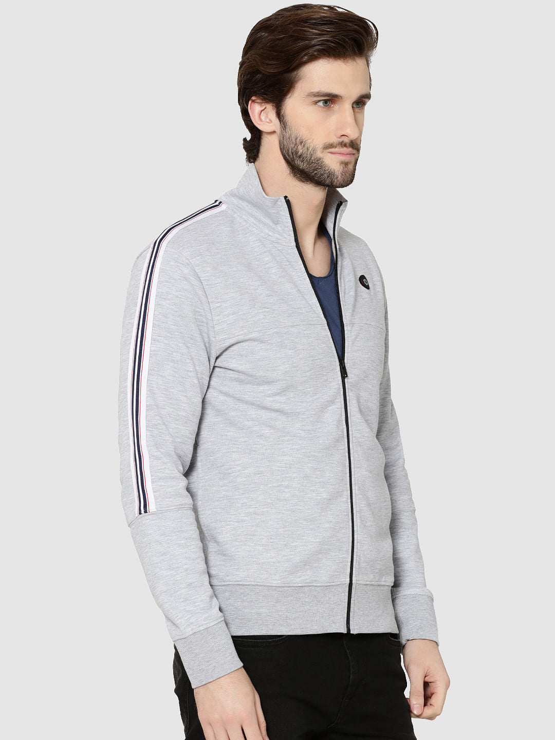 Light Grey Tape Detail Zip Up Sweatshirt