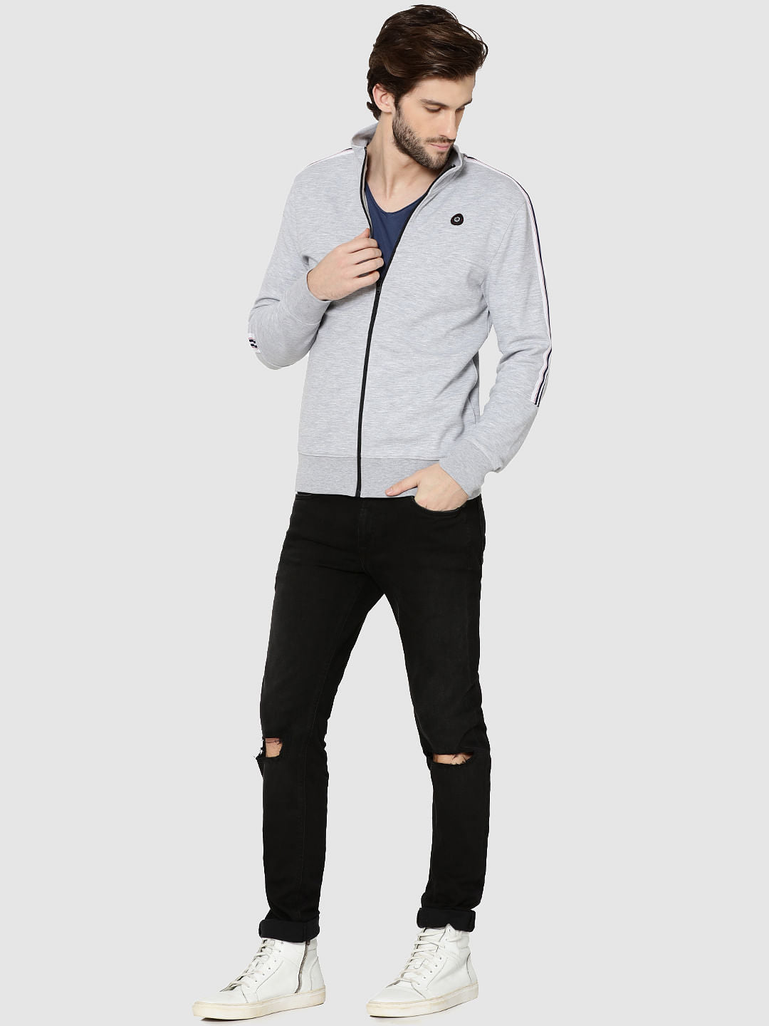 Light Grey Tape Detail Zip Up Sweatshirt