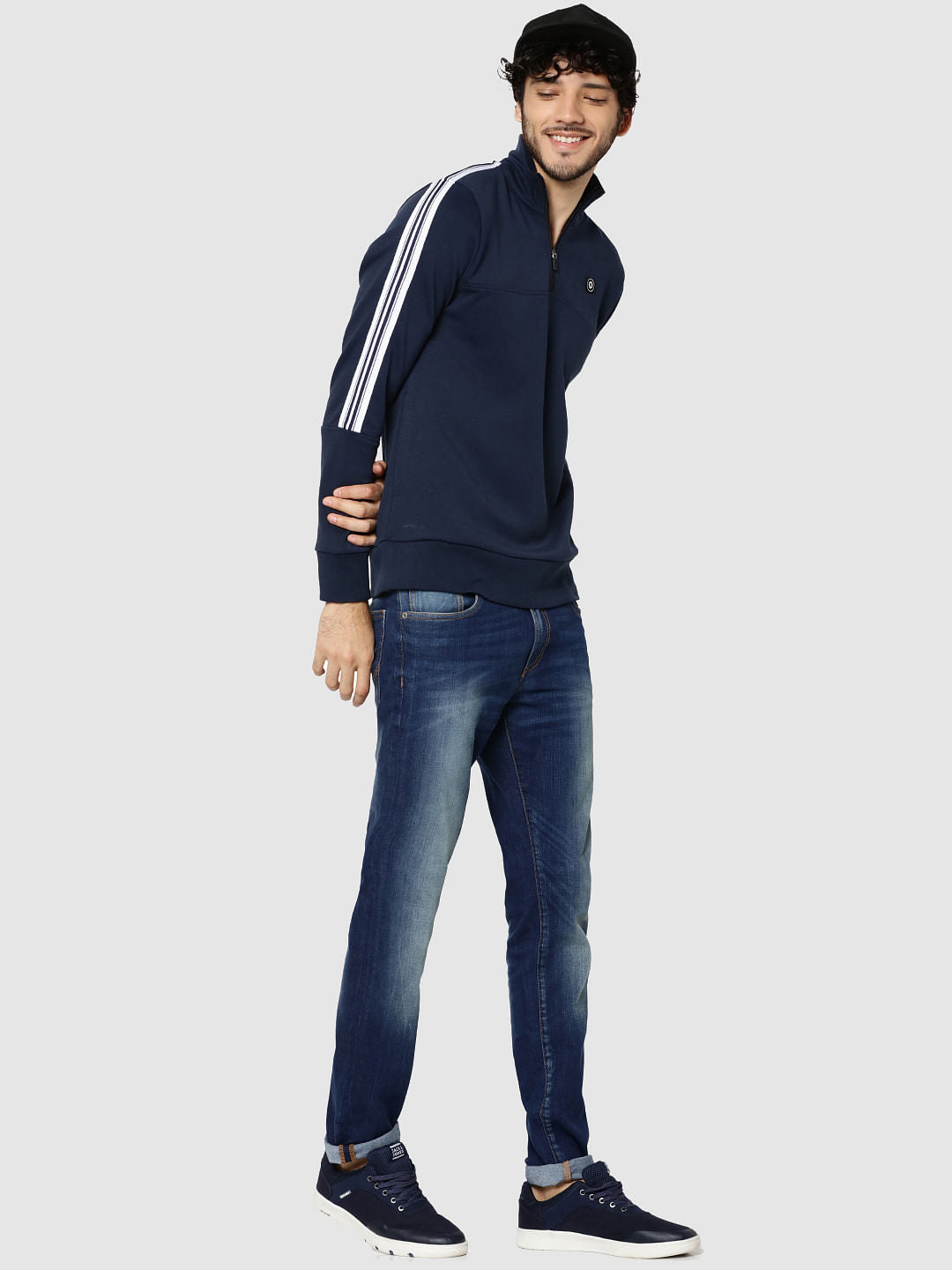 Blue Tape Detail Zip Up Turtle Neck Sweatshirt