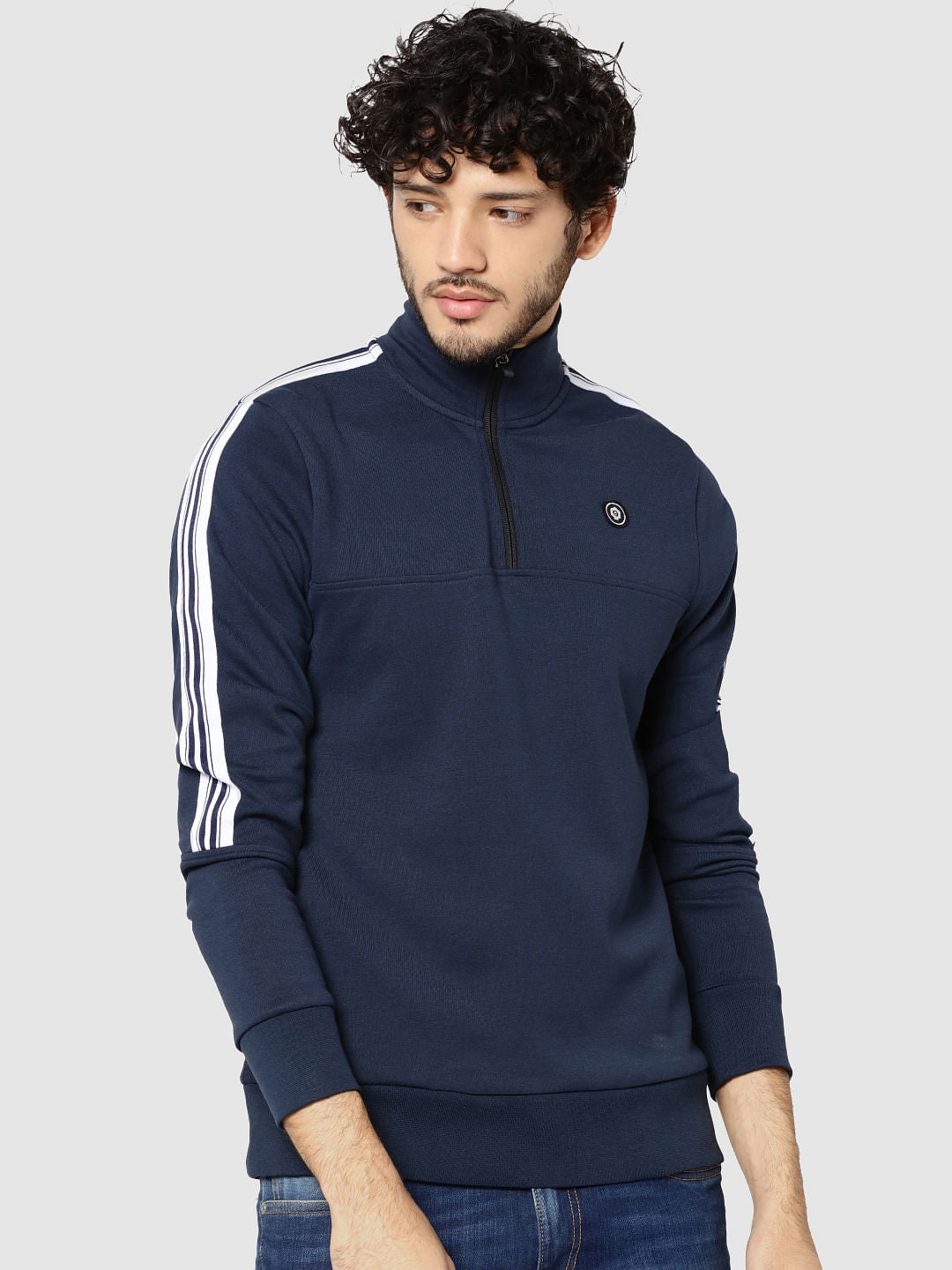 Blue Tape Detail Zip Up Turtle Neck Sweatshirt - S