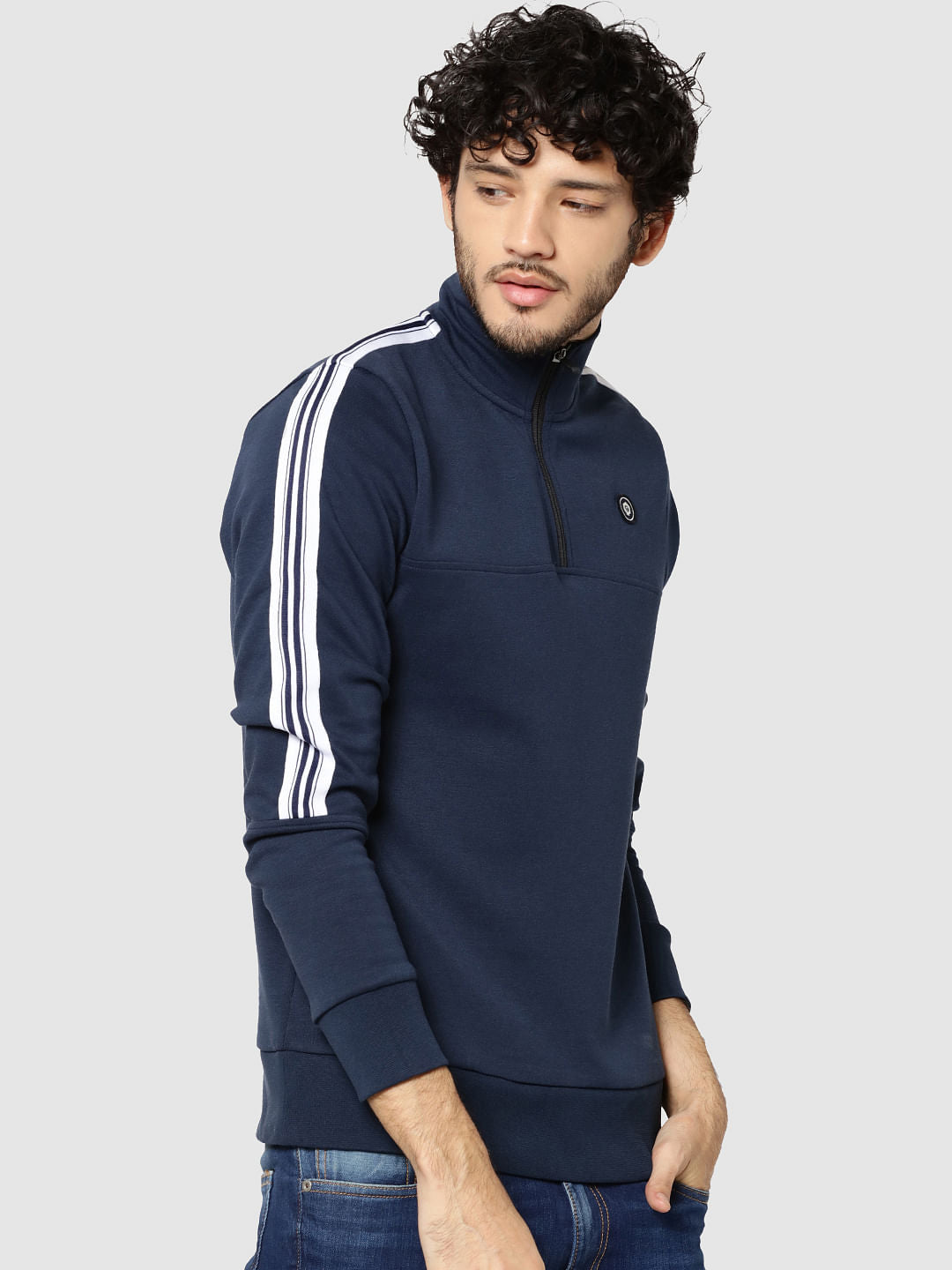 Blue Tape Detail Zip Up Turtle Neck Sweatshirt