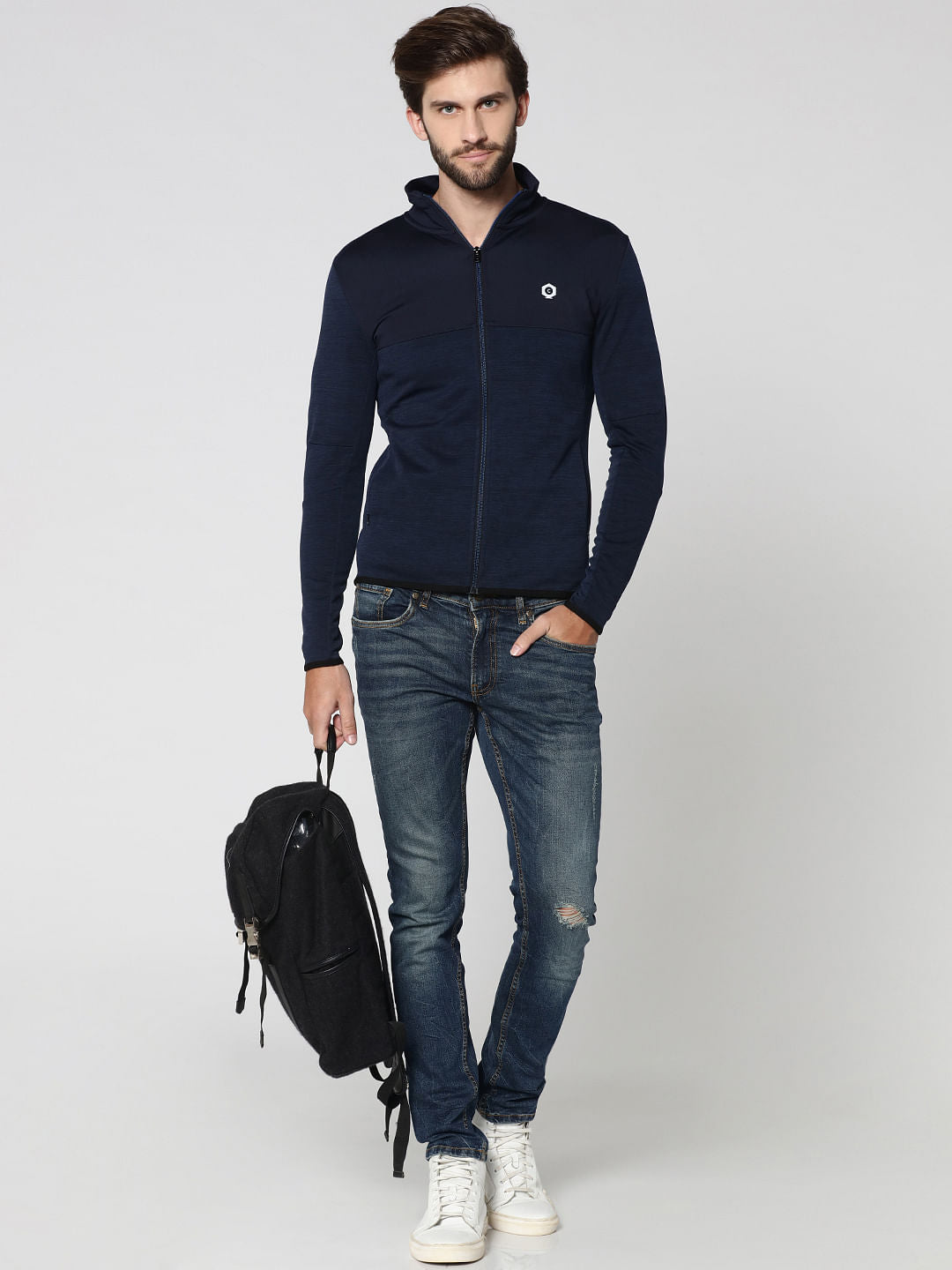 Dark Blue Cut Out Print Hooded Jacket