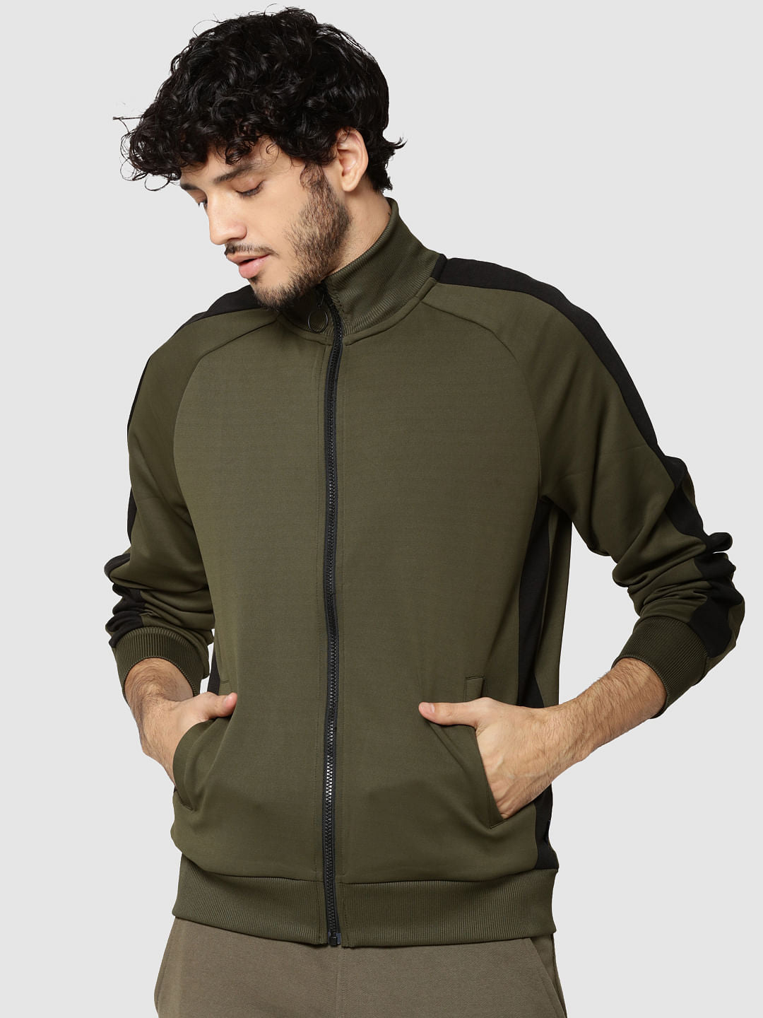 Olive Green Striped Raglan Sleeves Sweatshirt - S