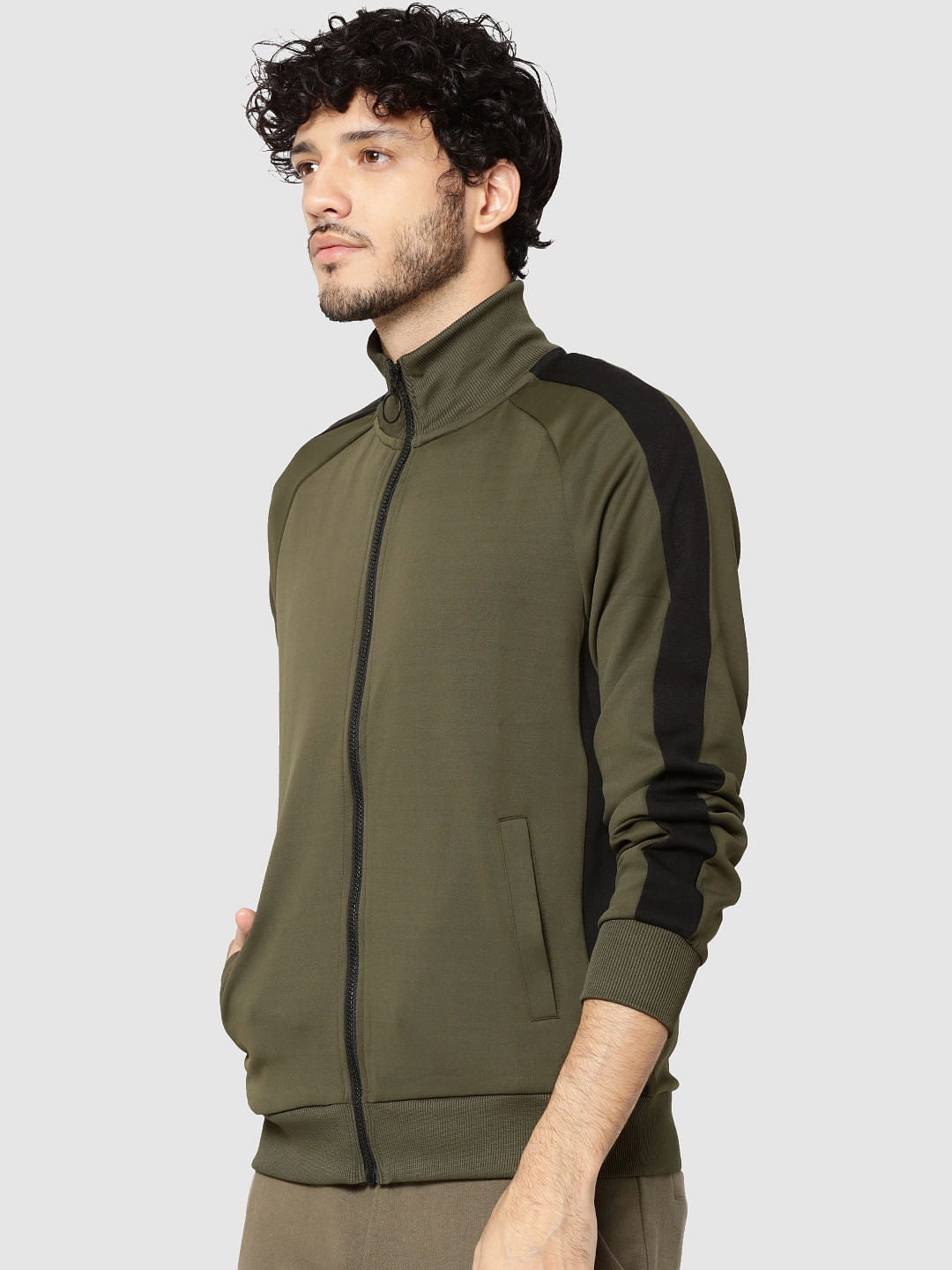 Olive Green Striped Raglan Sleeves Sweatshirt