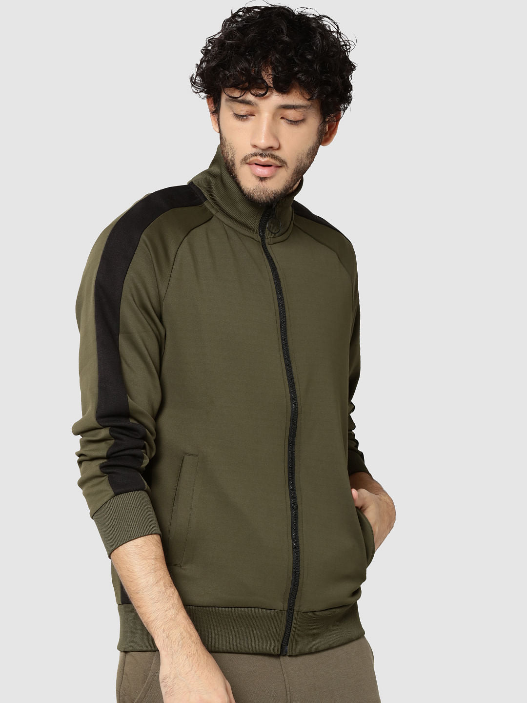 Olive Green Striped Raglan Sleeves Sweatshirt