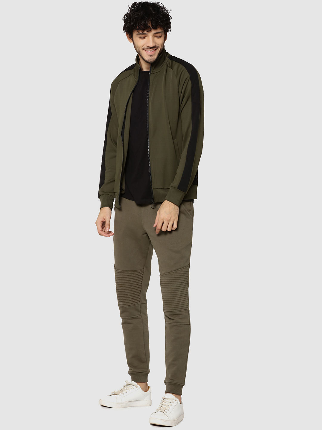 Olive Green Striped Raglan Sleeves Sweatshirt