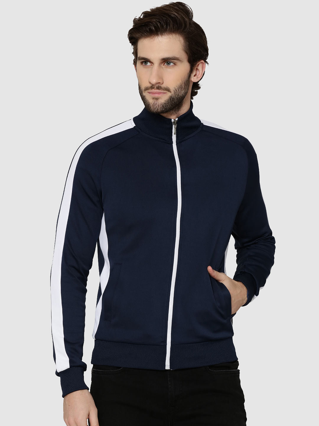 Dark Blue Striped Raglan Sleeves Sweatshirt