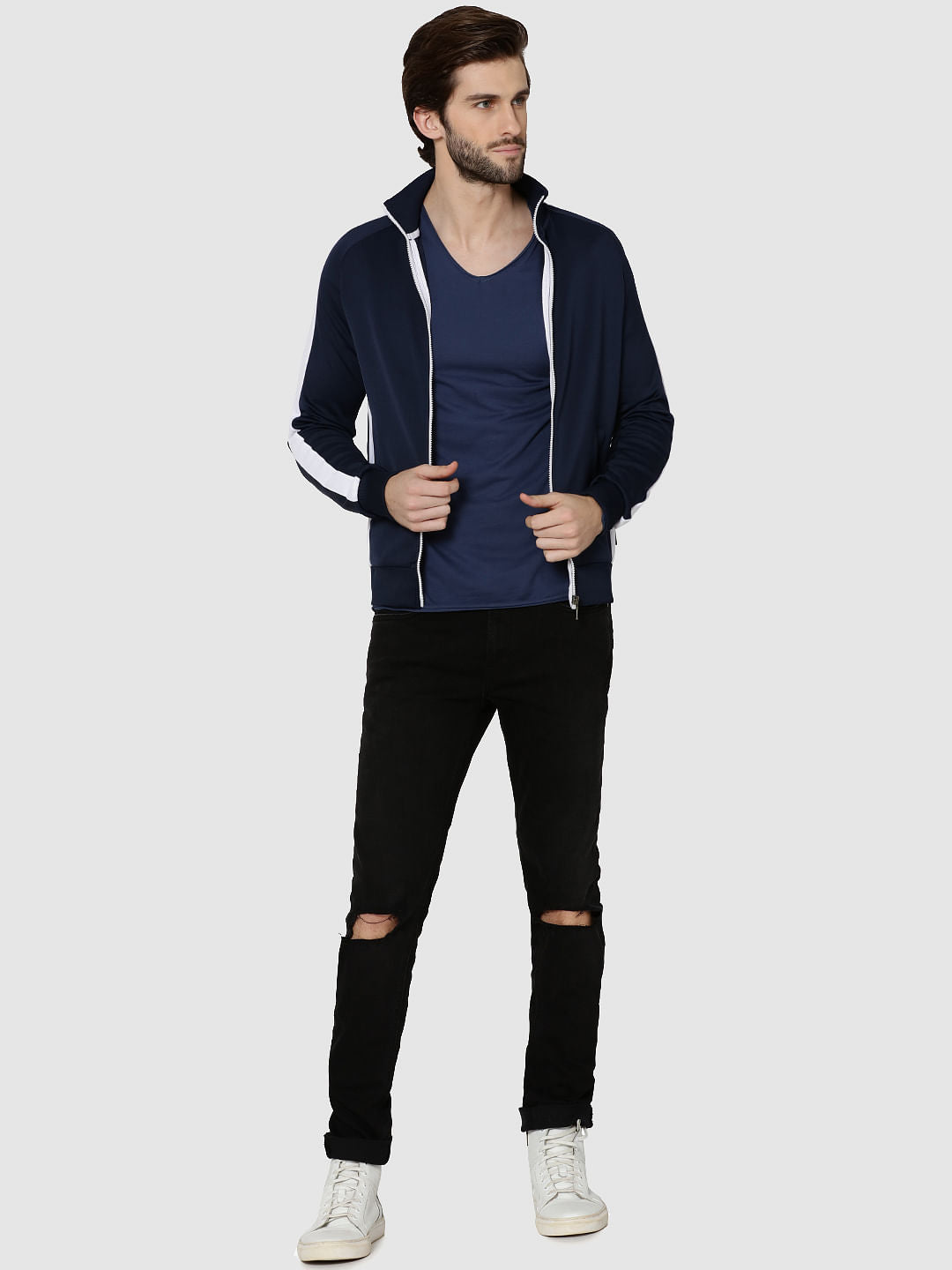 Dark Blue Striped Raglan Sleeves Sweatshirt