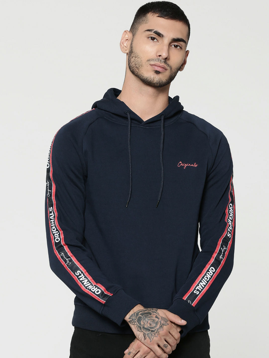 Dark Blue Tape Detail & Text Print Hooded Sweatshirt - S