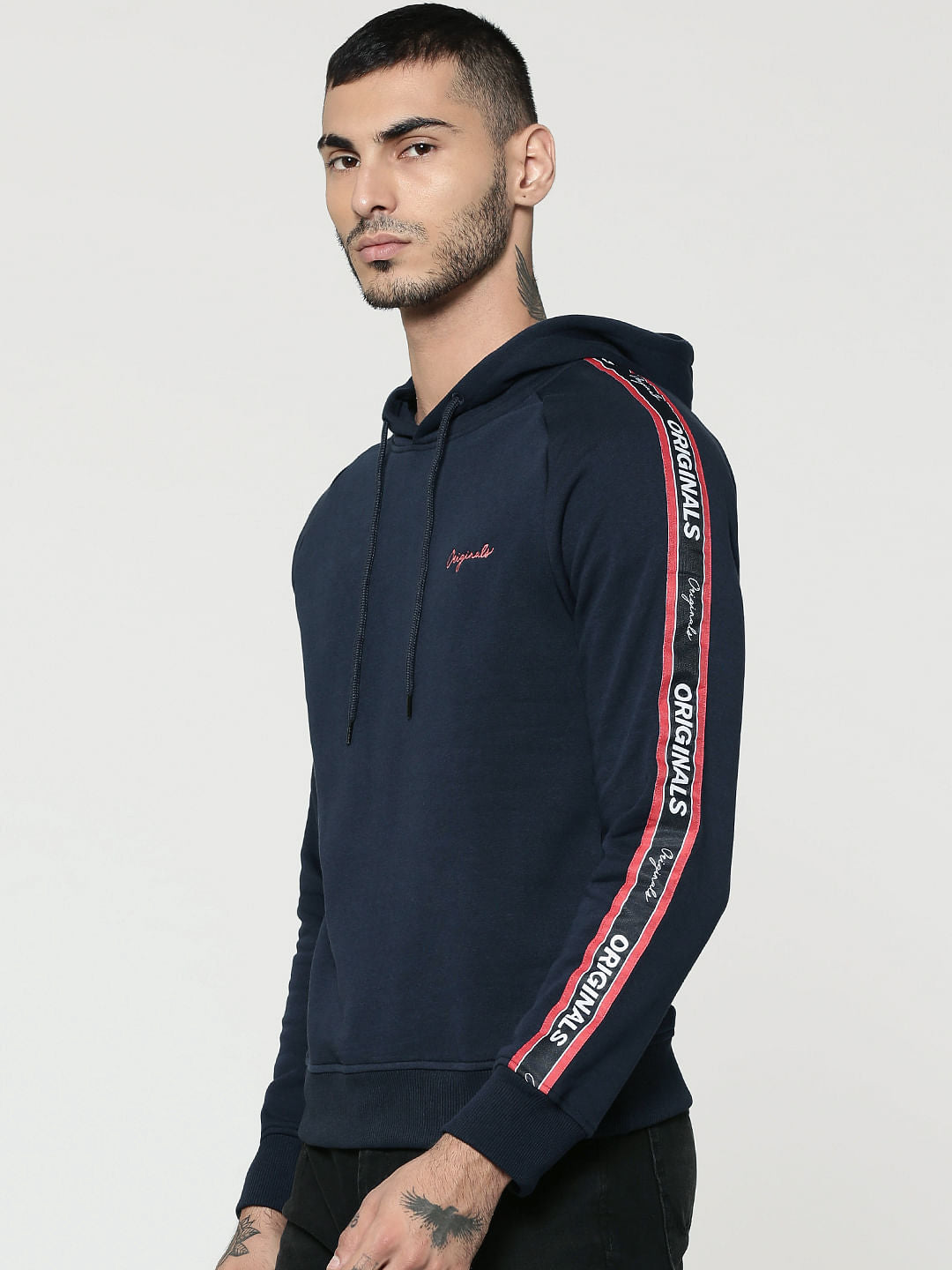 Dark Blue Tape Detail & Text Print Hooded Sweatshirt