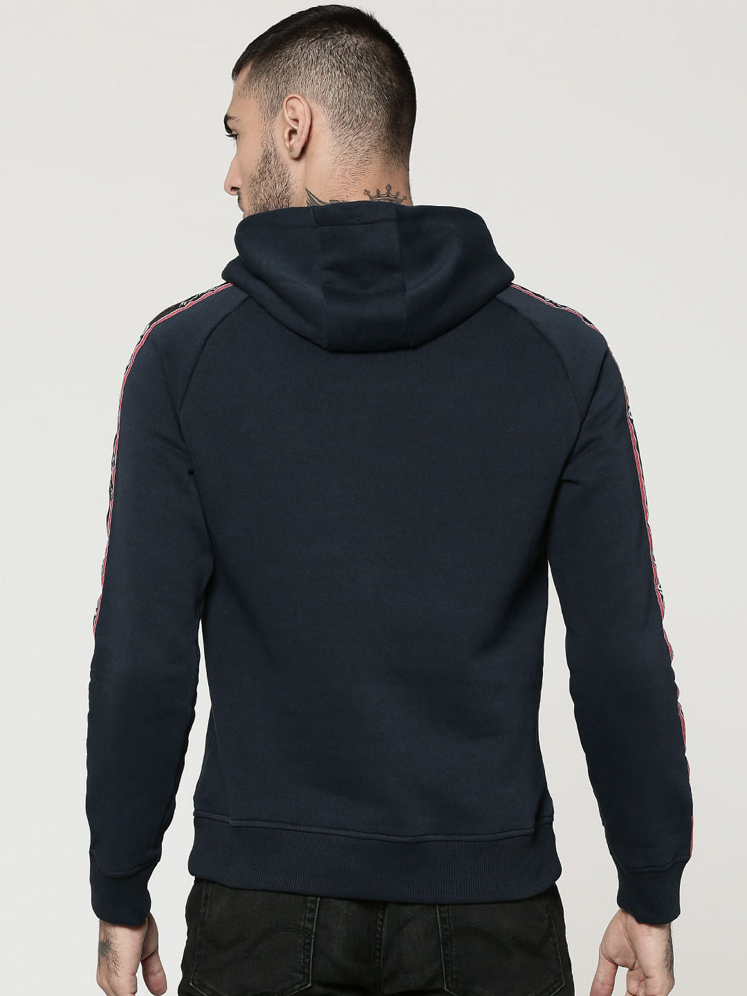 Dark Blue Tape Detail & Text Print Hooded Sweatshirt
