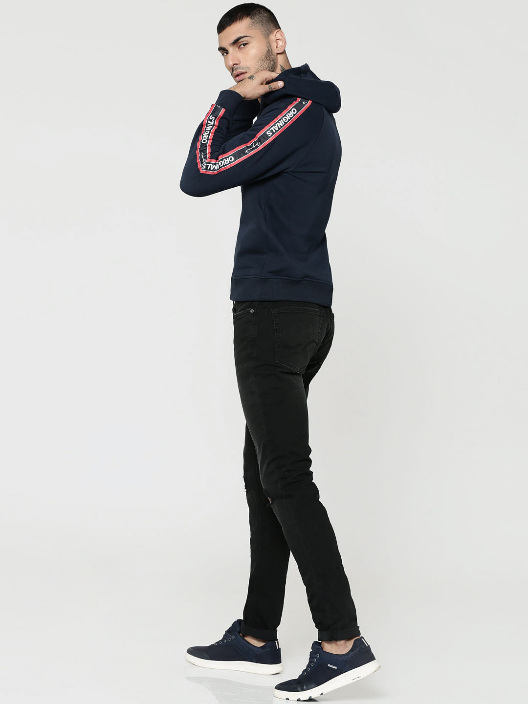 Dark Blue Tape Detail & Text Print Hooded Sweatshirt