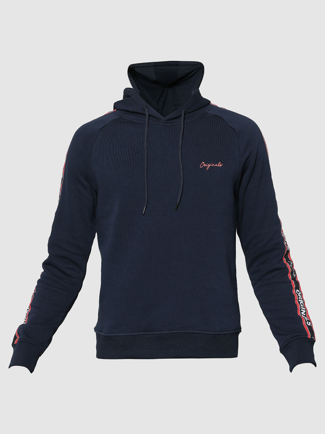 Dark Blue Tape Detail & Text Print Hooded Sweatshirt