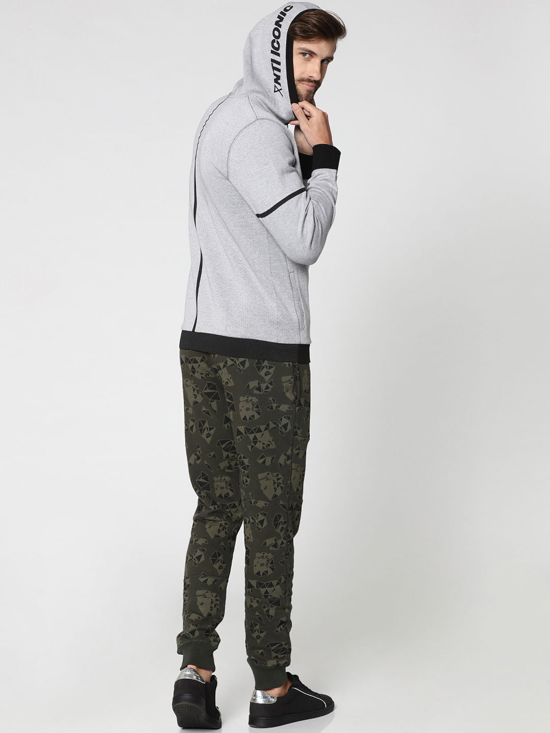 Grey And Black Text Print Hooded Jacket