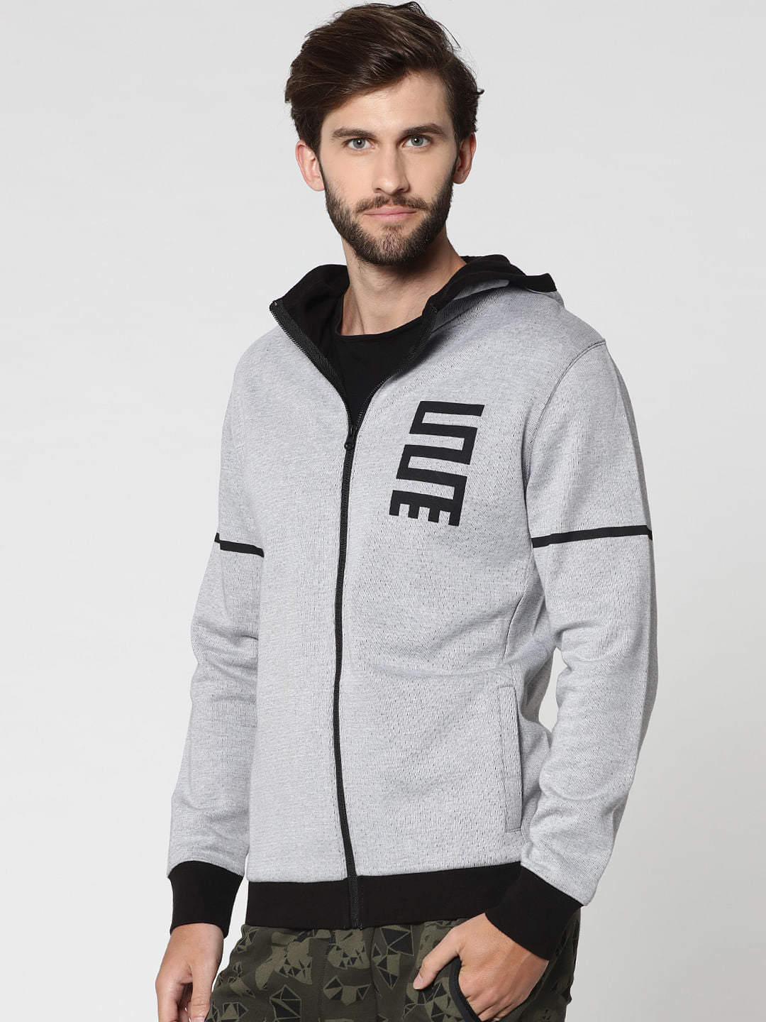 Grey And Black Text Print Hooded Jacket