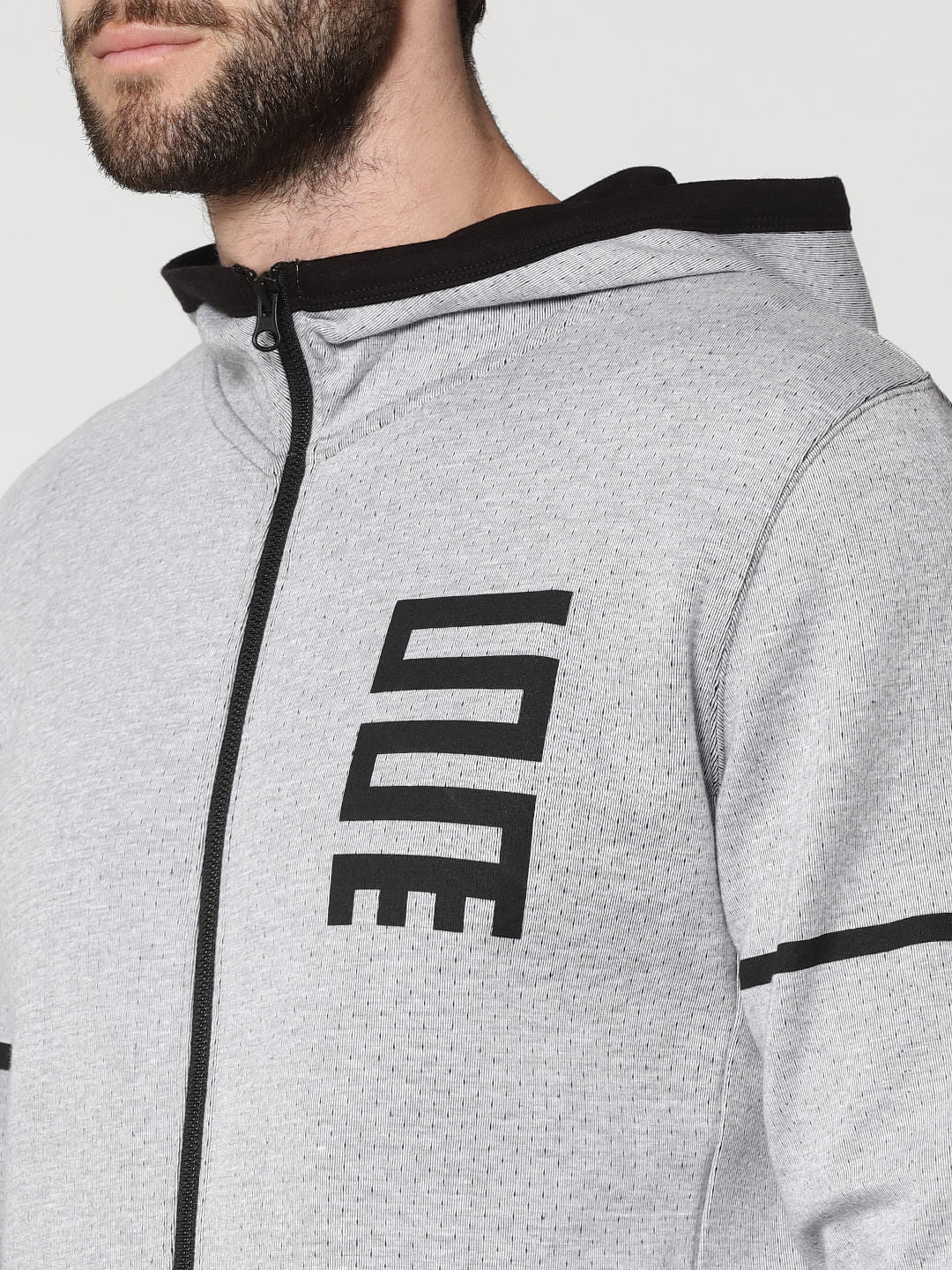 Grey And Black Text Print Hooded Jacket